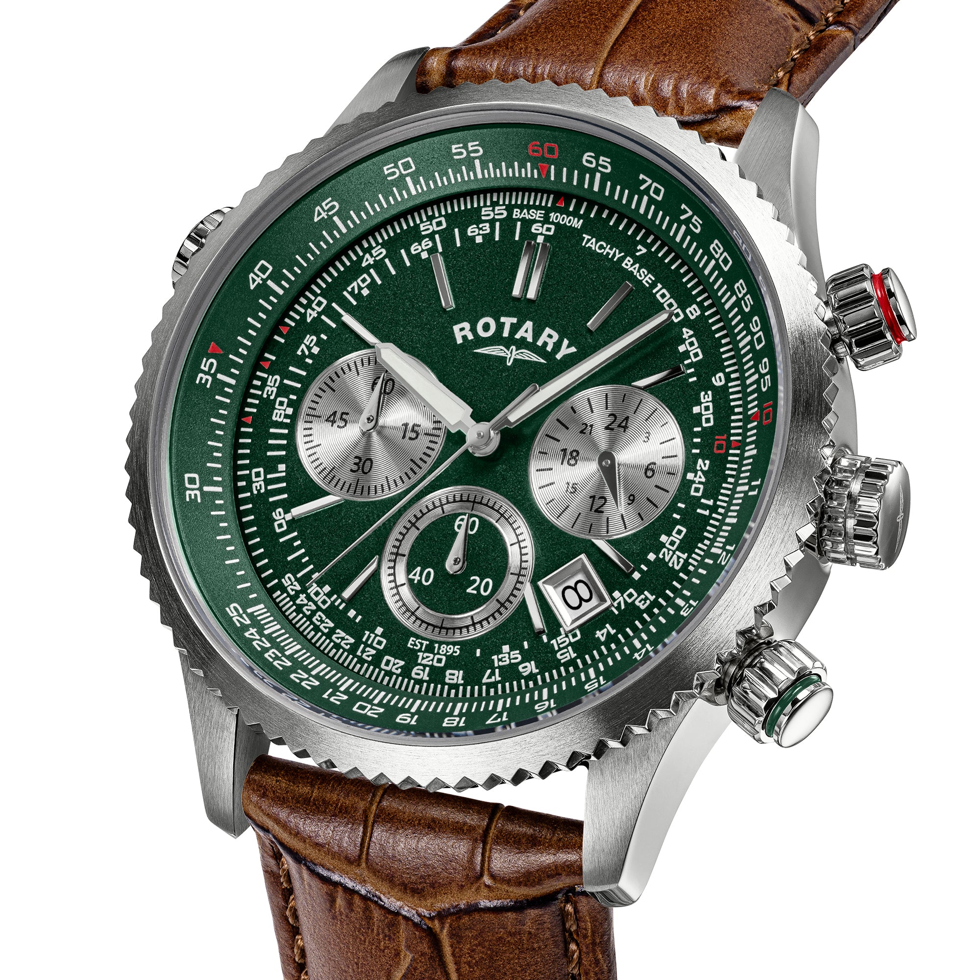 A close-up shot of a Rotary Pilot Chronograph watch with a green dial, silver-tone case, and brown leather strap on a white background.