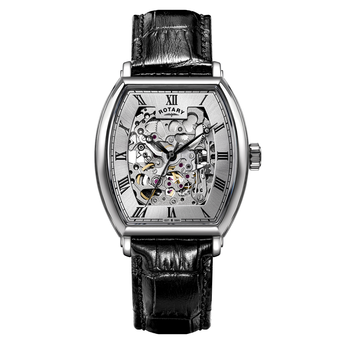 A luxury Rotary Greenwich Tonneau skeleton watch by ROTARY featuring a silver-tone stainless steel case, a detailed open-heart dial showing the mechanical movement, and a black alligator leather strap, set against a plain white background.