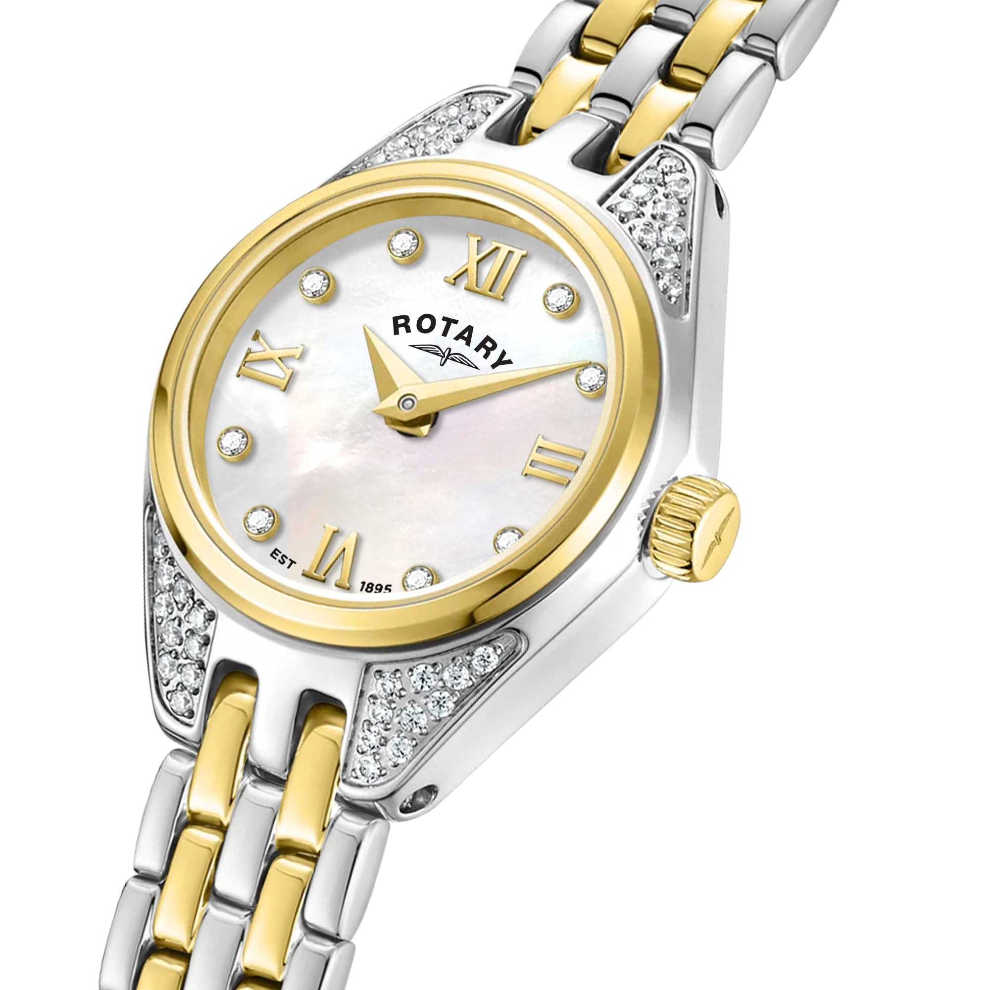 Two-tone rotary cocktail watch with gold and silver band on a white background