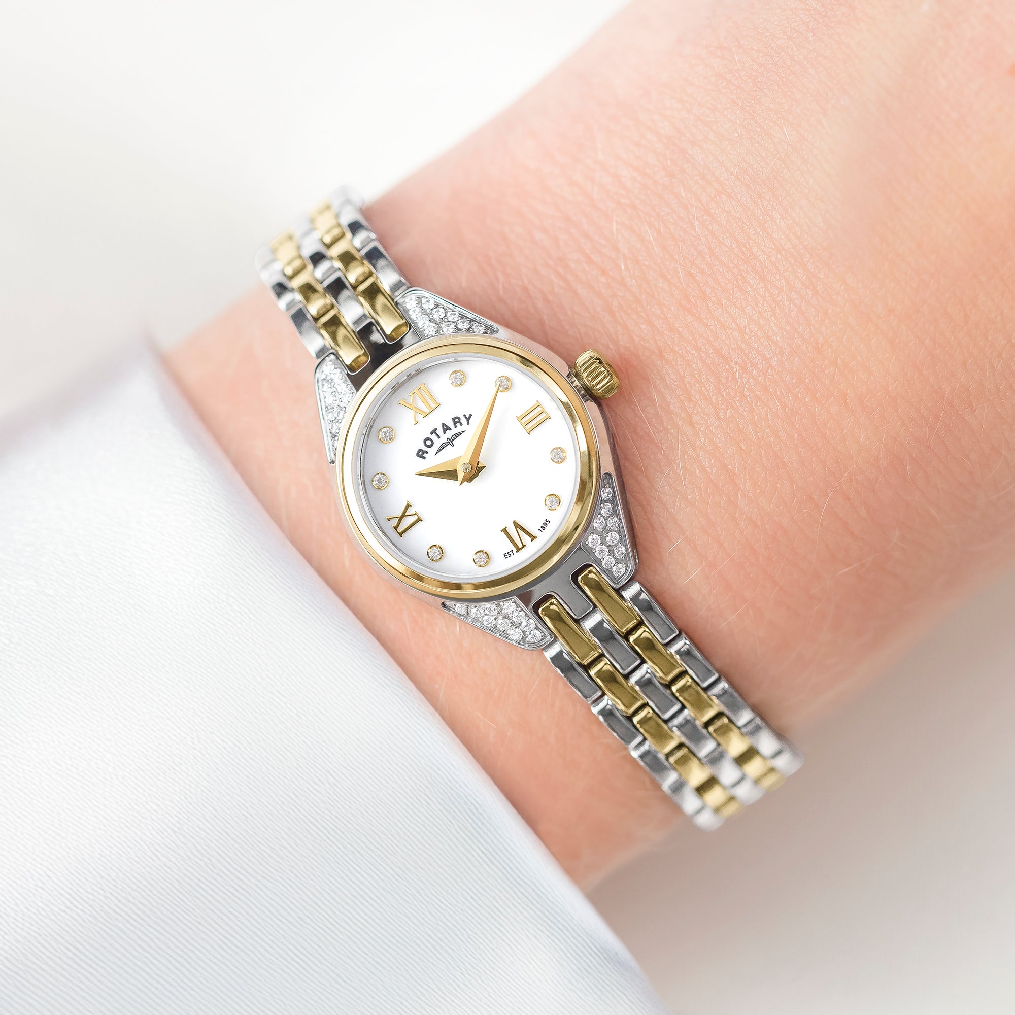 Two-tone rotary watch on a wrist with a white background