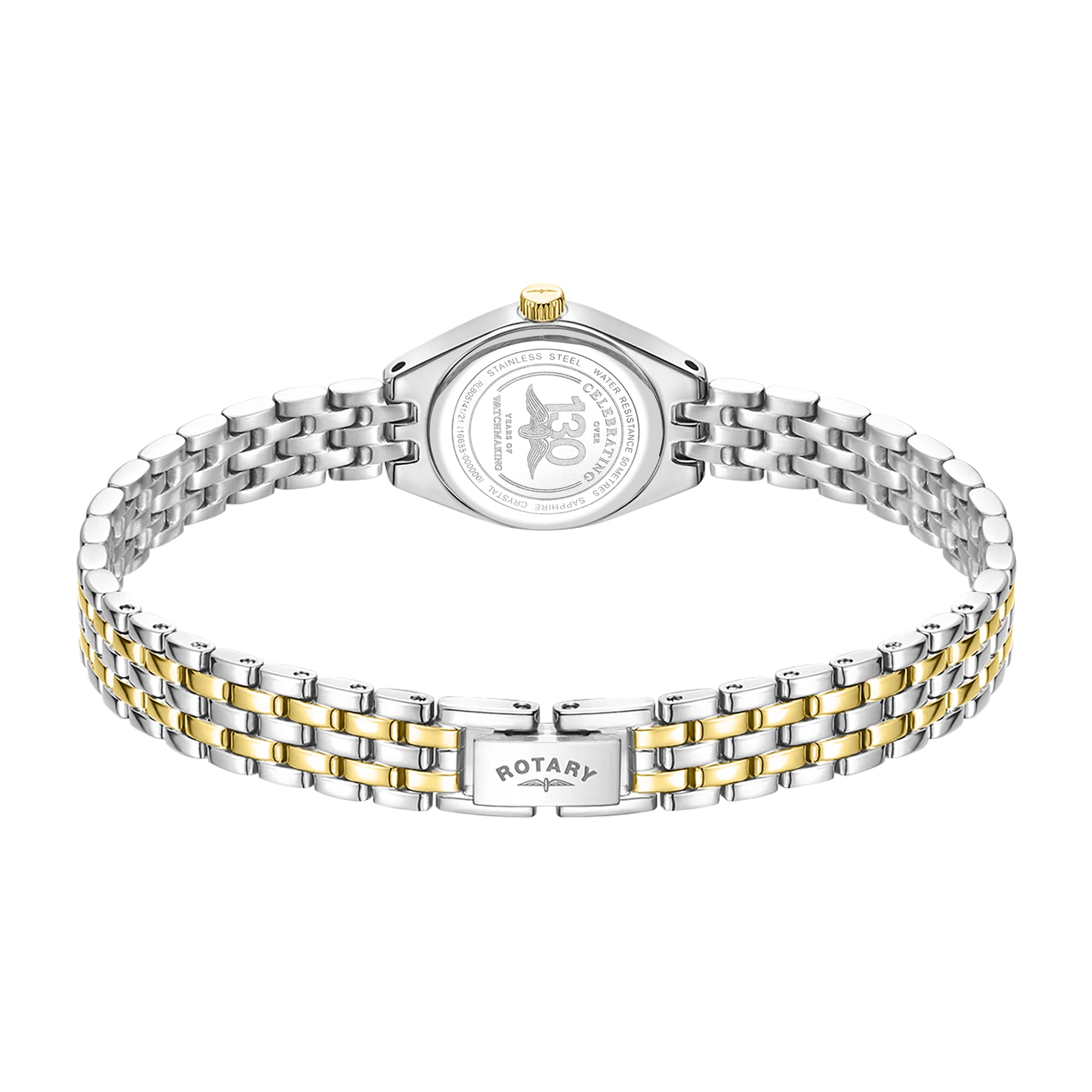 Two-tone Rotary watch with silver and gold band on a white background