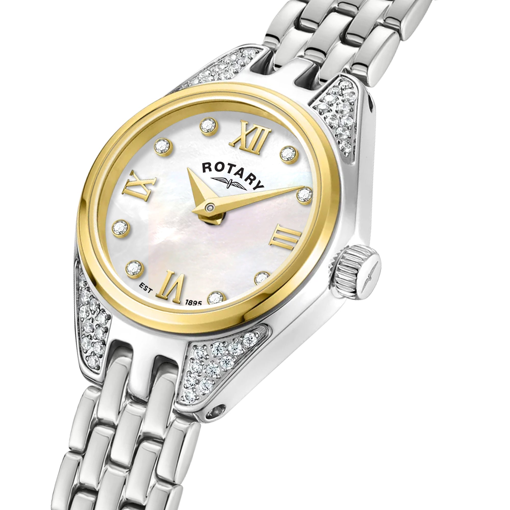 Rotary cocktail watch with silver and gold case on a white background