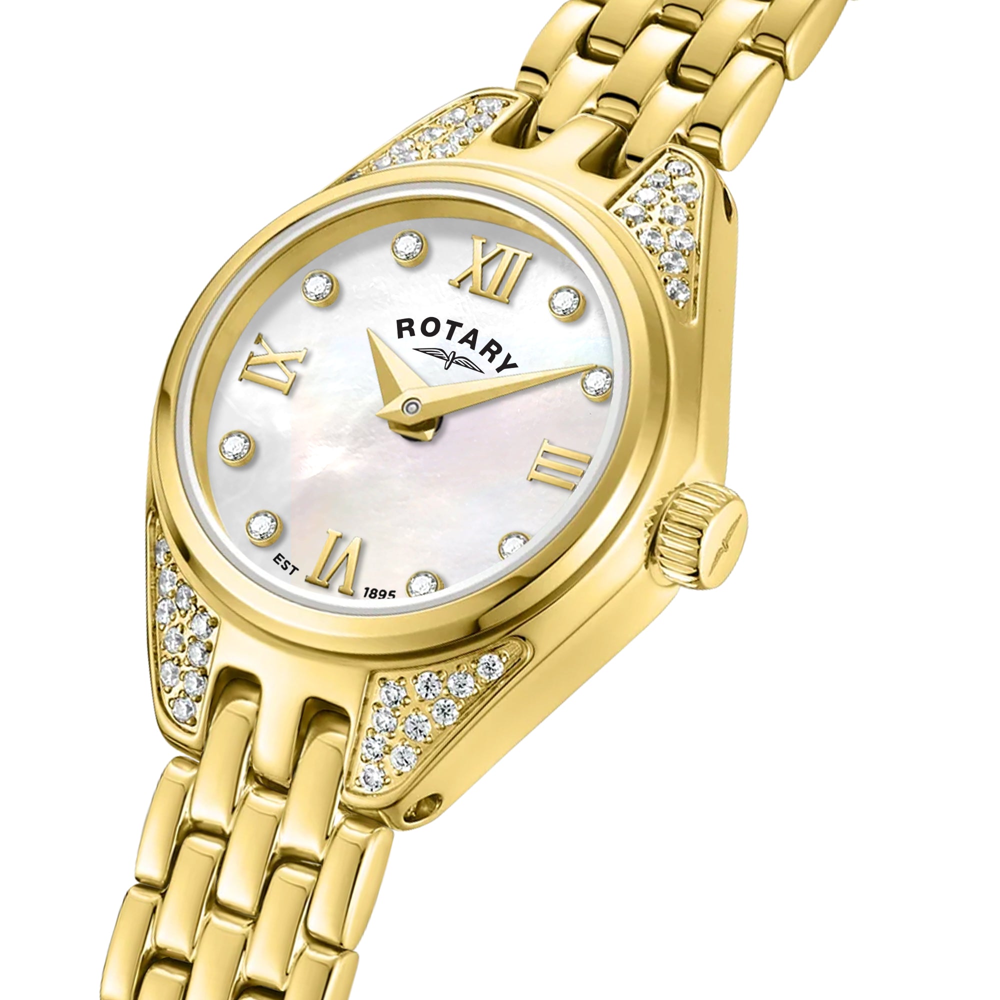 Gold Rotary wristwatch with a mother of pearl dial on a white background