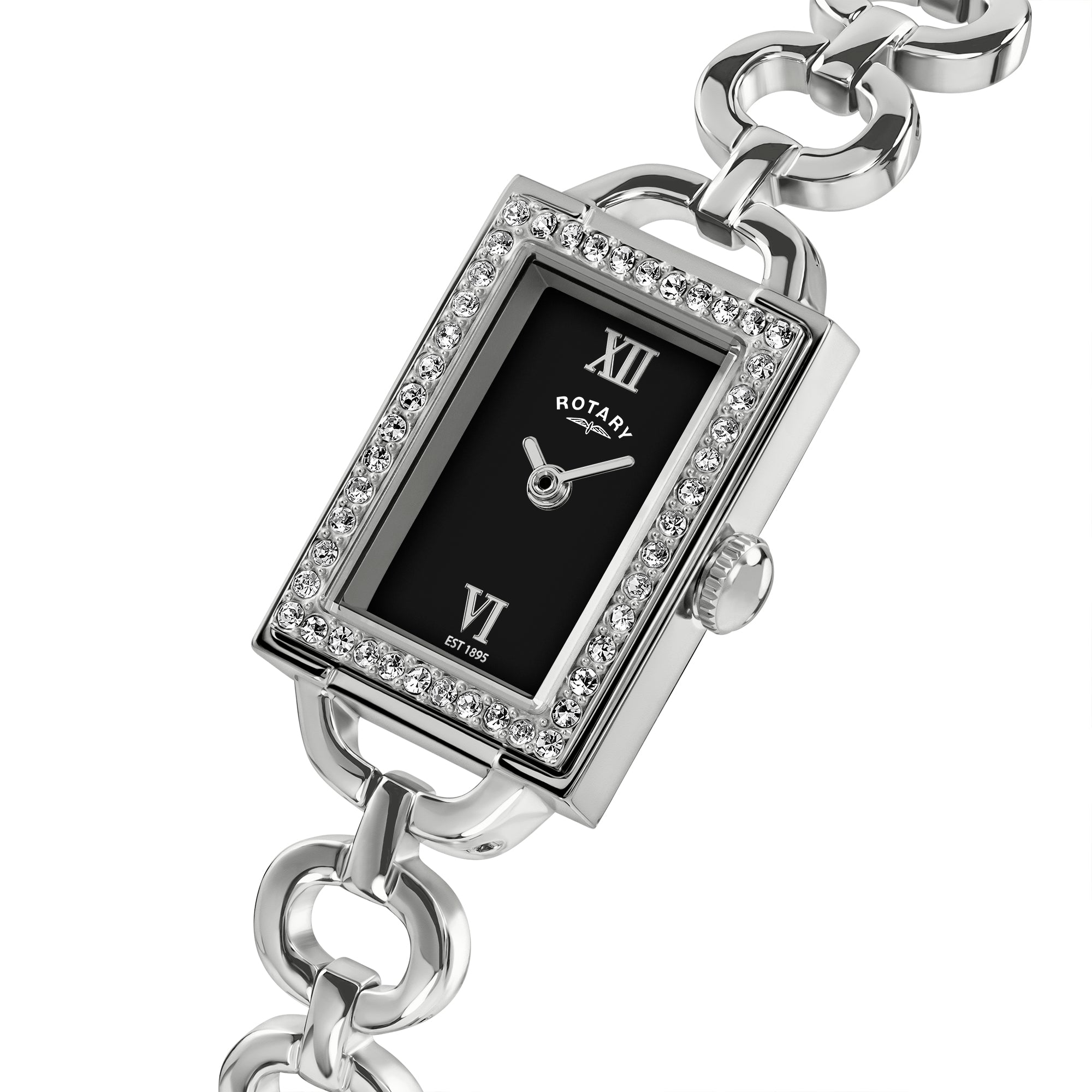 Silver Rotary 1895 watch with black face and crystal accents on a white background
