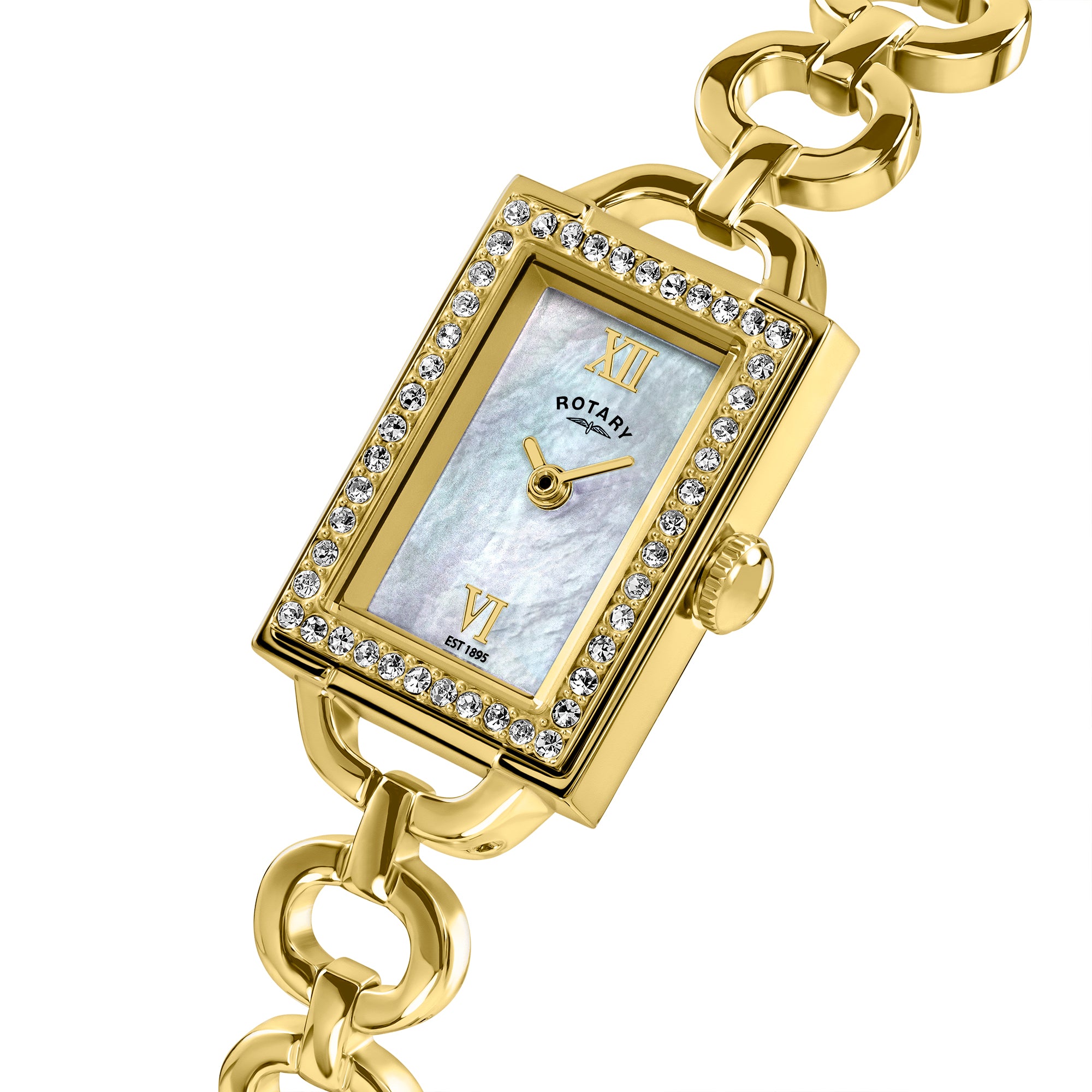 Rotary 1895 gold wristwatch with a rectangular face and chain strap on a white background