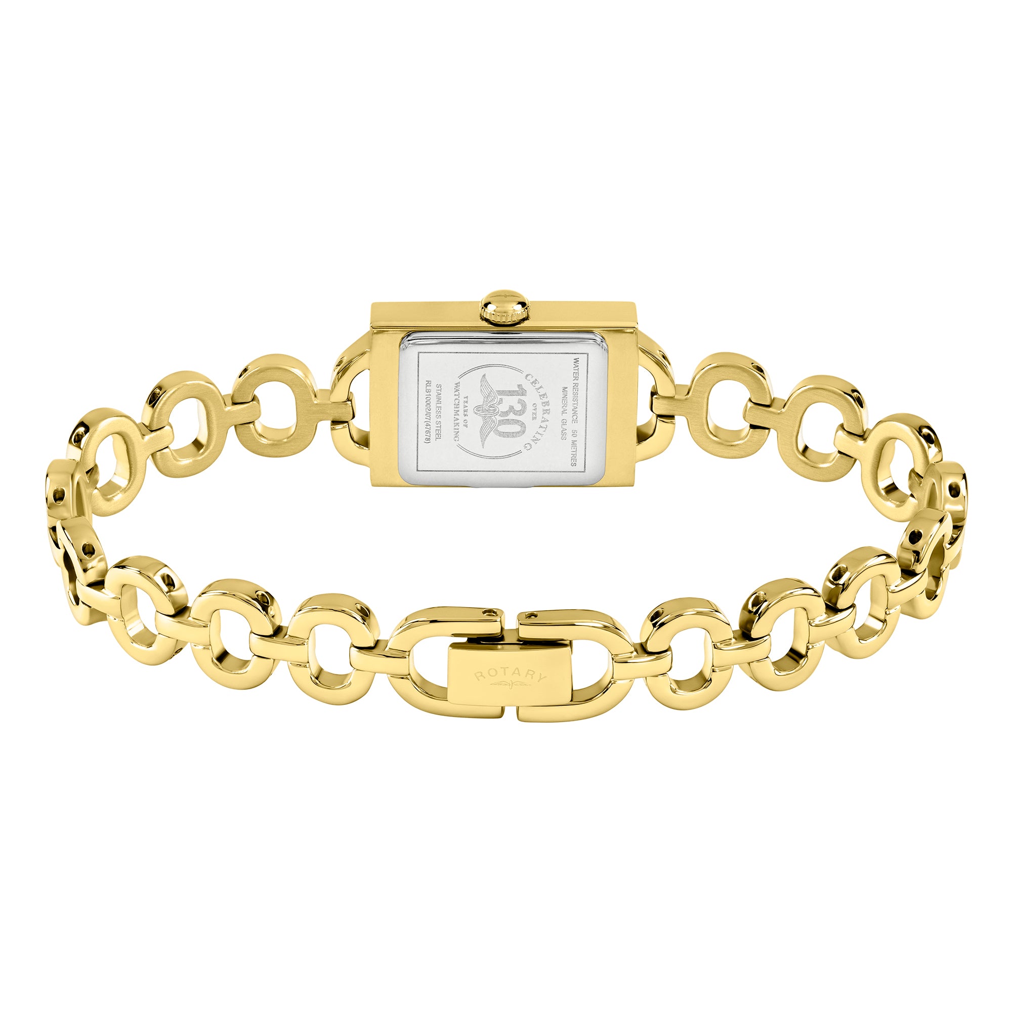 Gold Rotary 1895 watch with a chain-link bracelet with a rectangular watch face on a white background