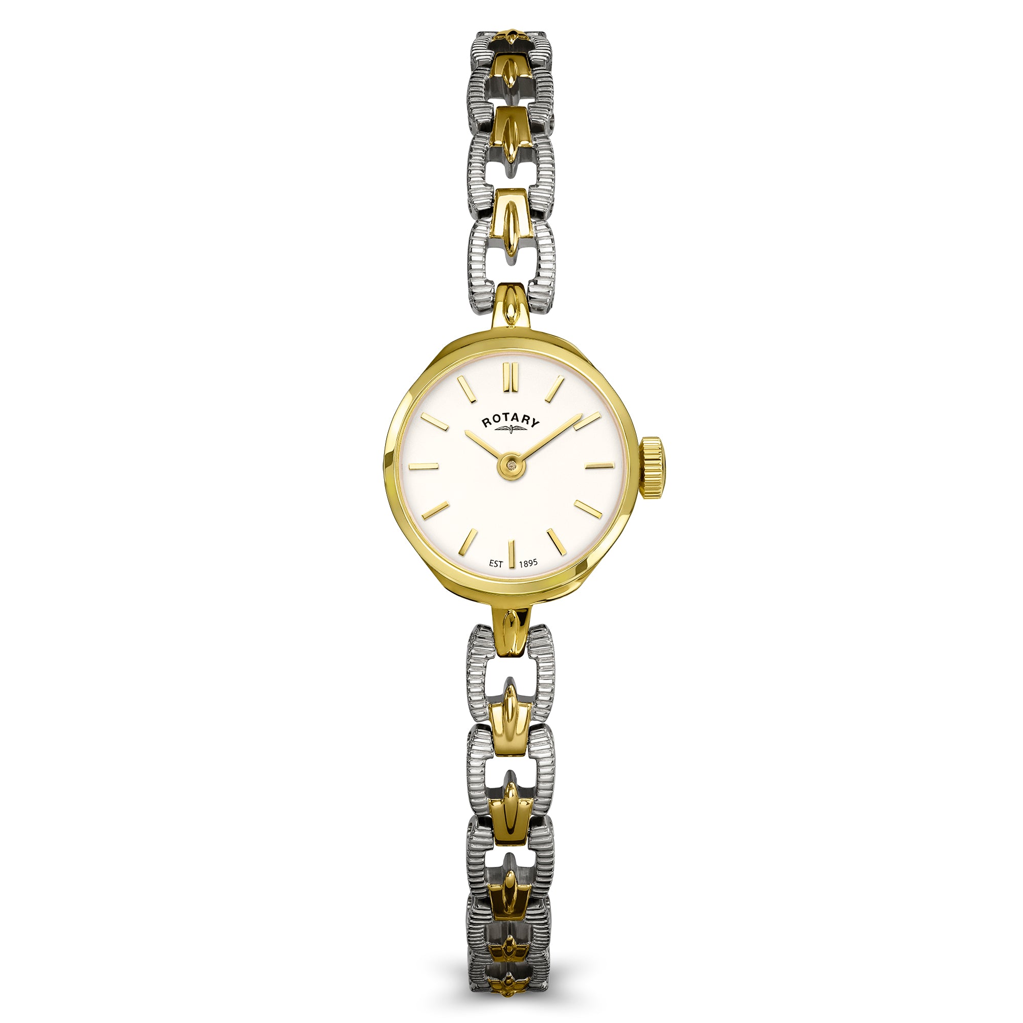 Gold and silver Rotary 1895 watch with white dial on a white background