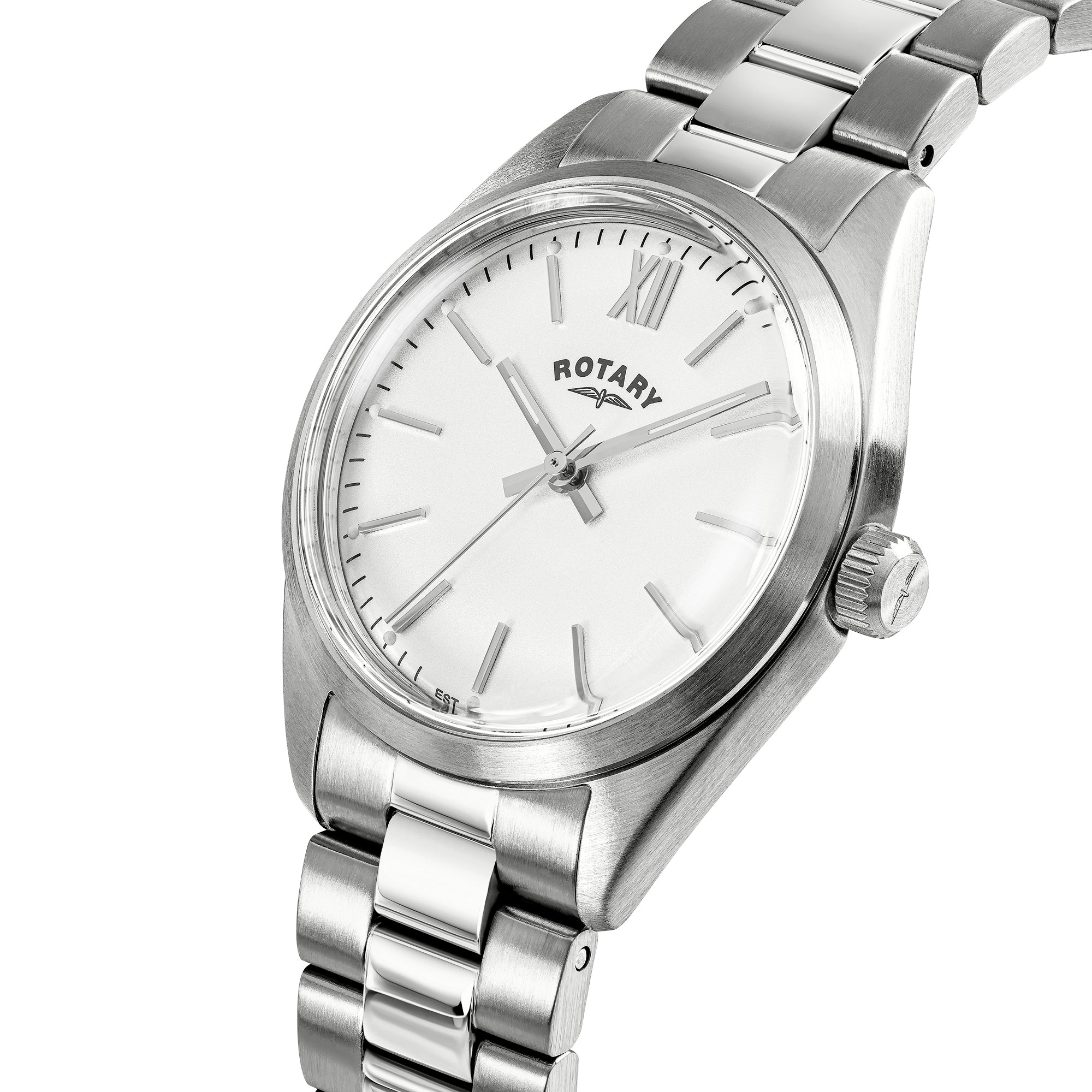 Silver Rotary wristwatch with white face on a white background