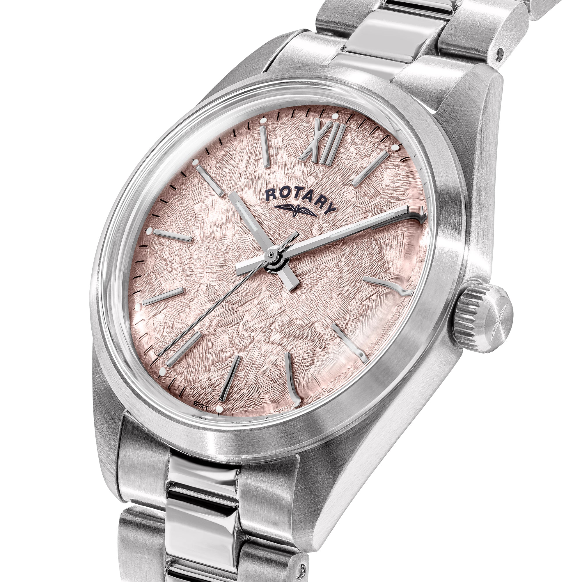 Silver Rotary wristwatch with a textured pink face on a white background