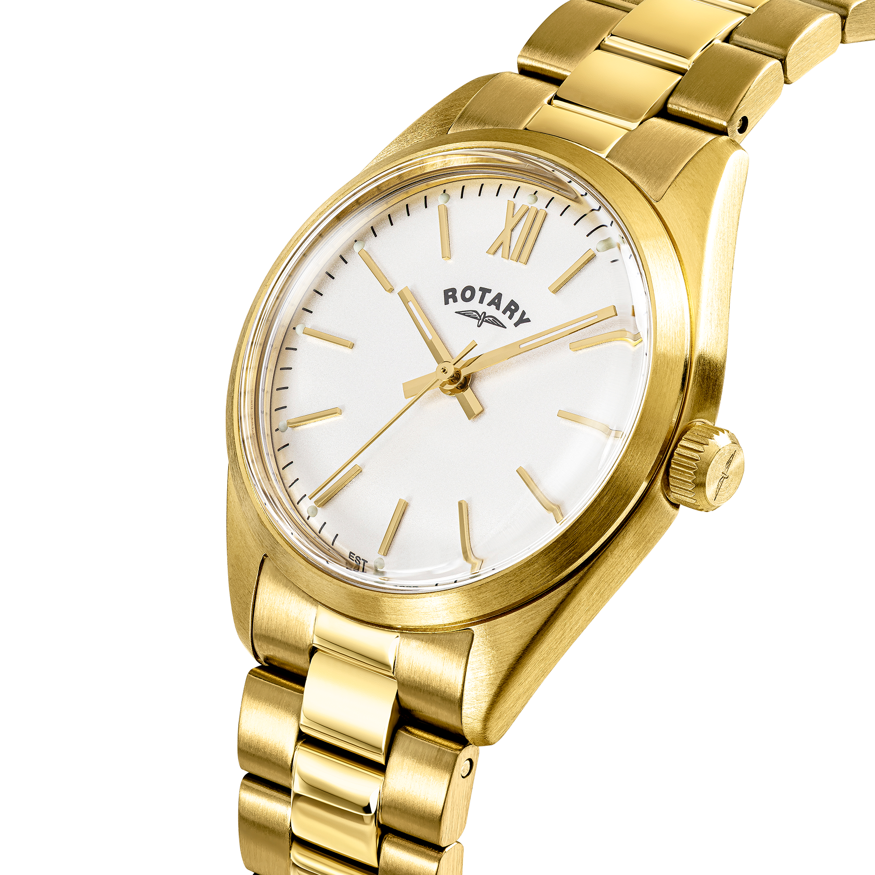 Gold Rotary wristwatch with white face on a white background