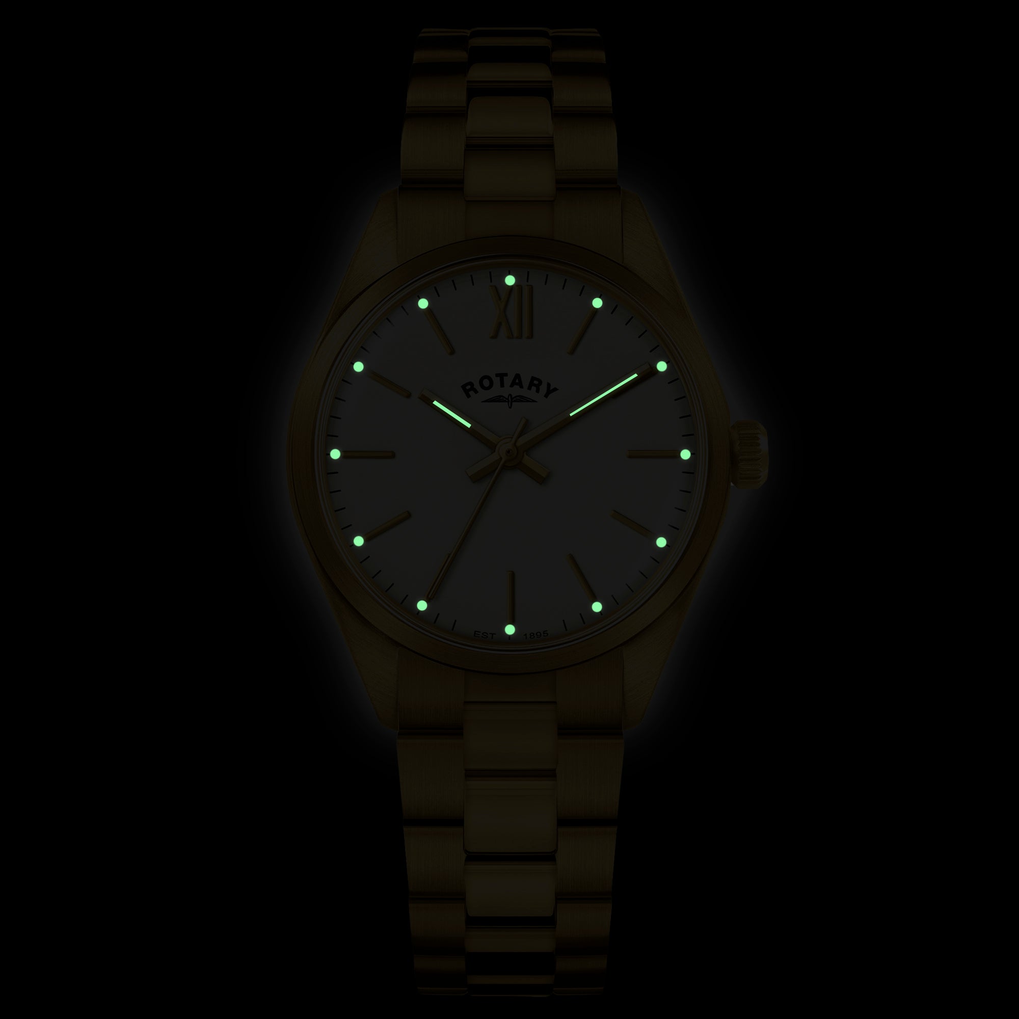 Rotary wristwatch with glowing indices on a black background