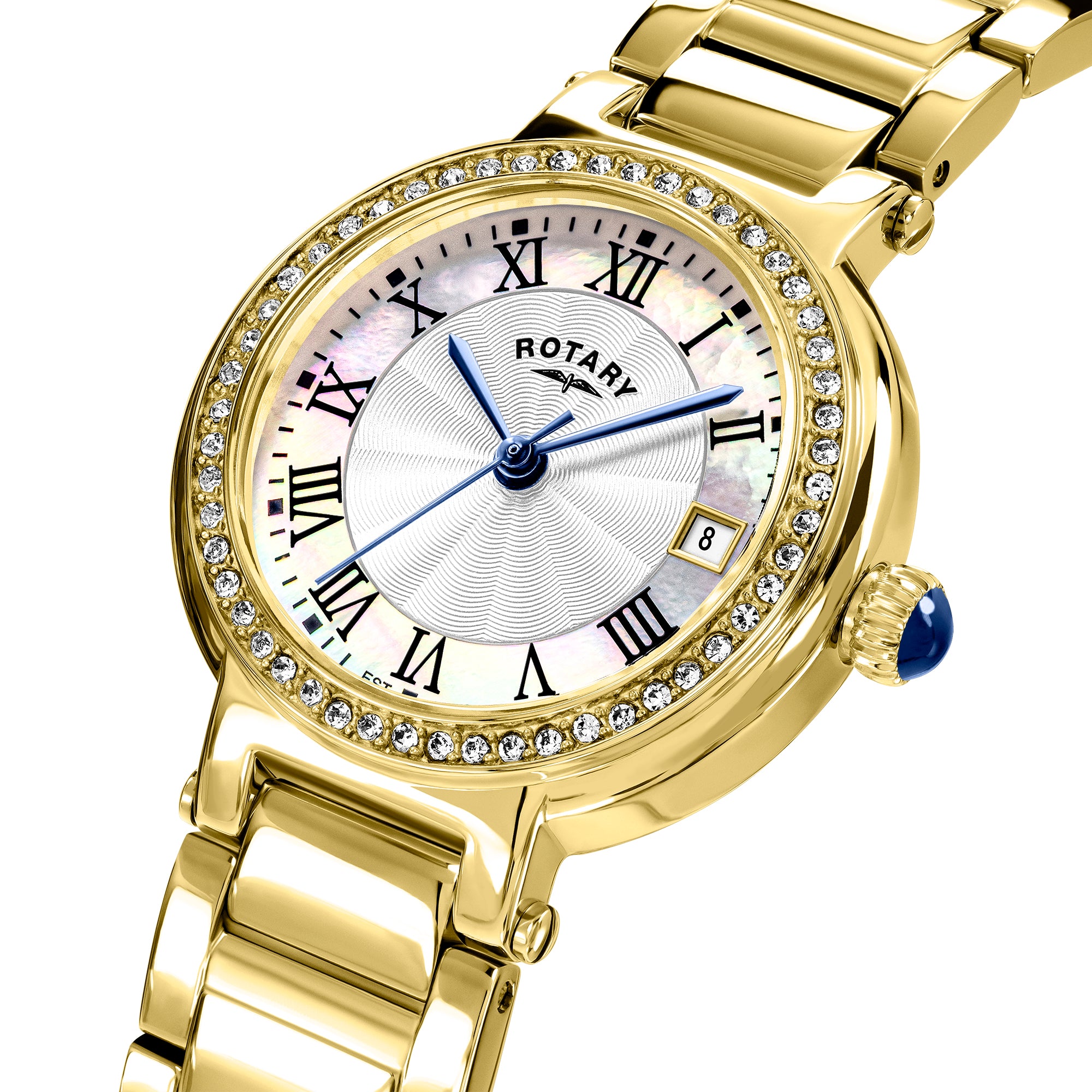 Gold Rotary wristwatch with gem-studded bezel on a white background