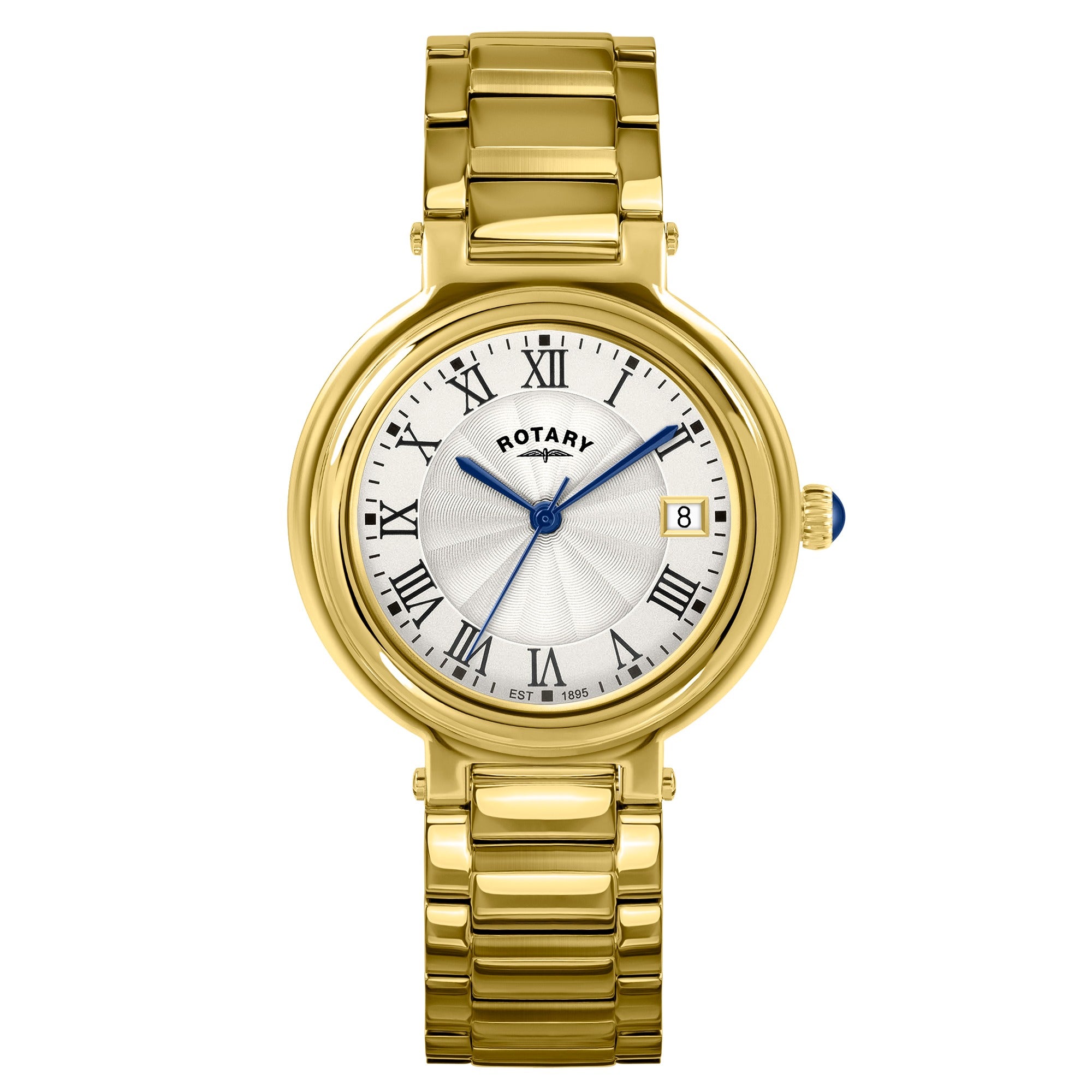 Ladies gold Rotary wristwatch with a white face and blue hands on a white background