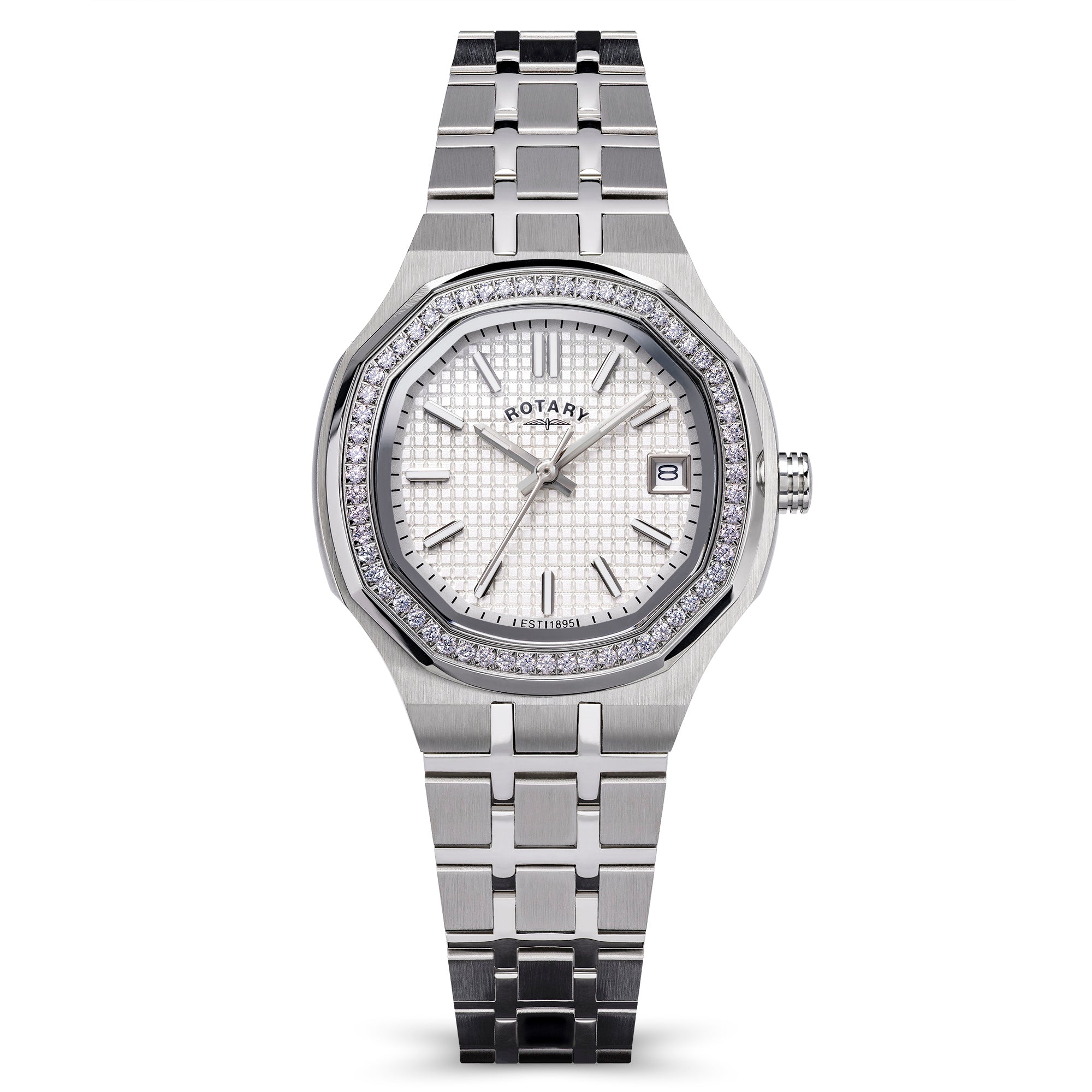 Silver Rotary brilliance wristwatch with a gem-studded bezel on a white background