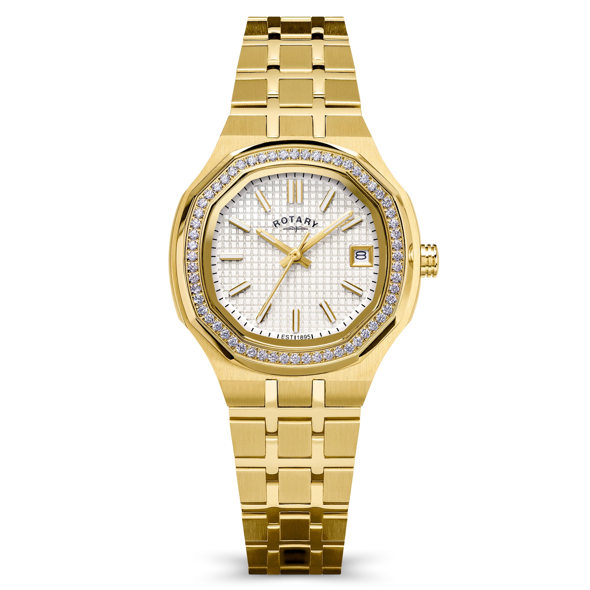 Gold Rotary brilliance wristwatch with gem-studded bezel on a white background