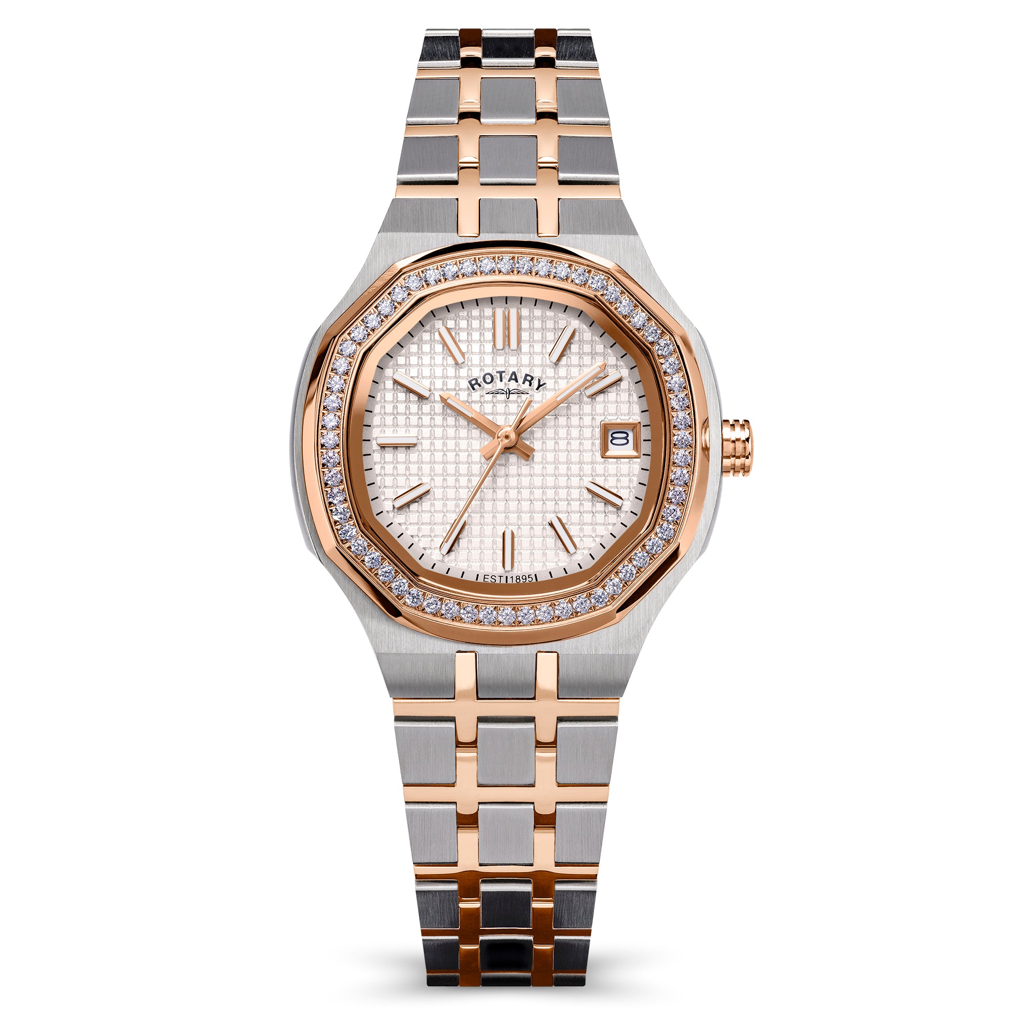 Two-tone Rotary brilliance watch with rose gold and silver band on a white background