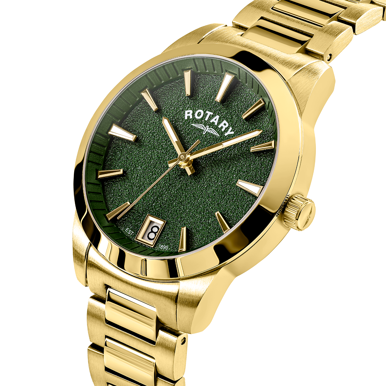 Gold Rotary wristwatch with green dial on a white background