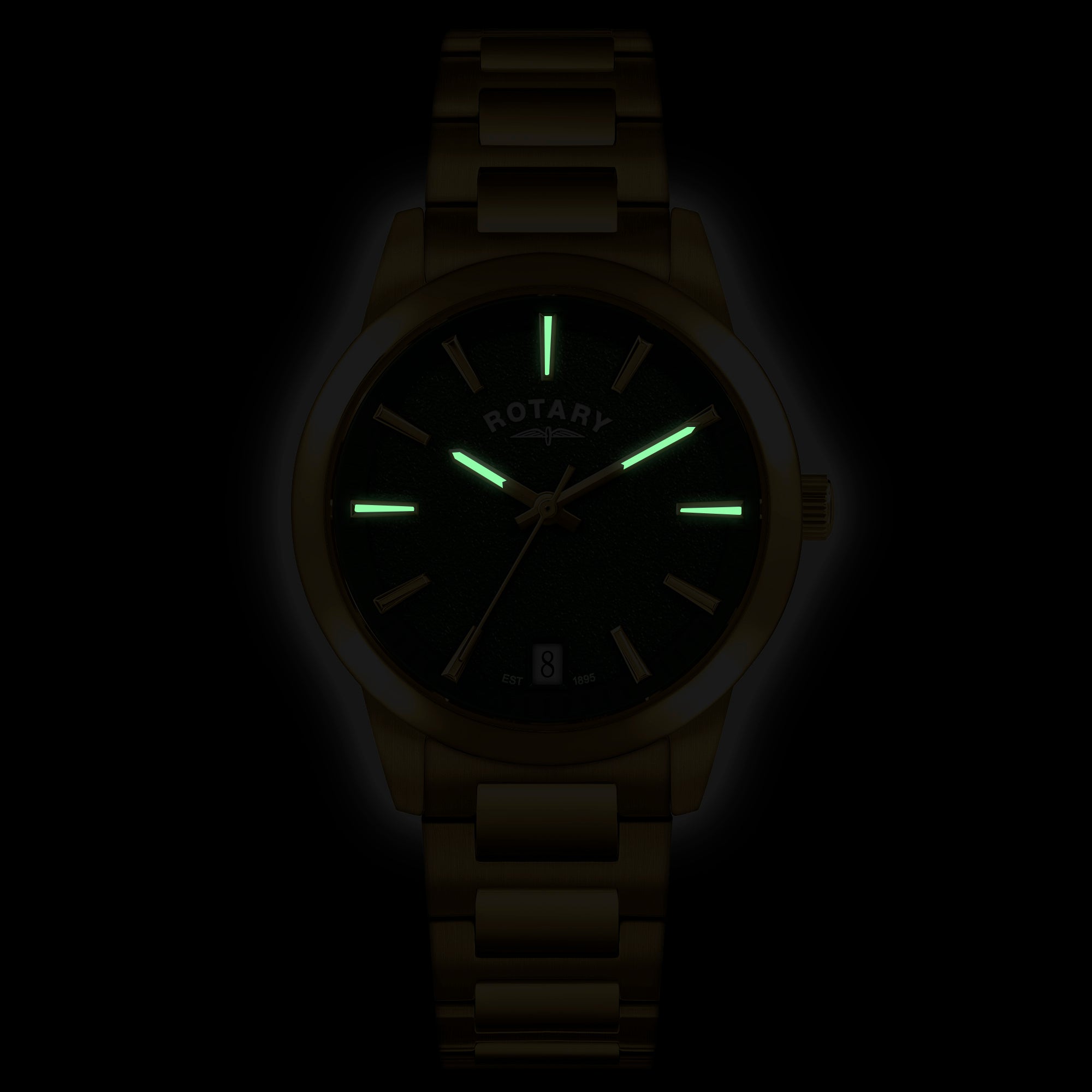 Rotary Watch with glowing green hands and markers on a dark background
