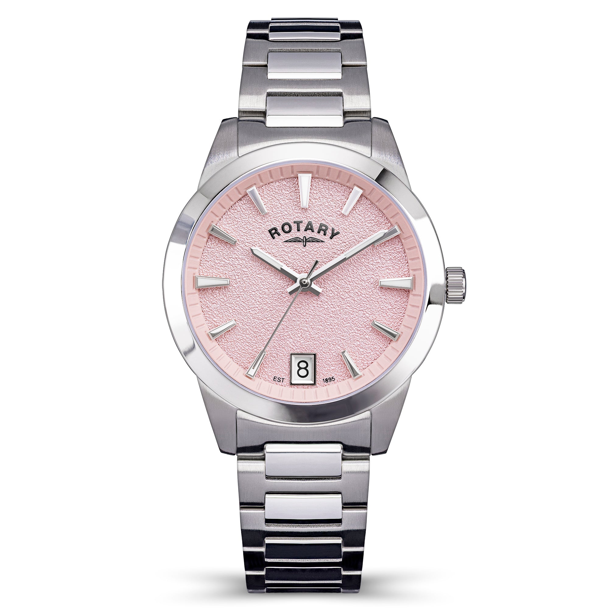 Rotary watch with pink face and silver bracelet on a white background