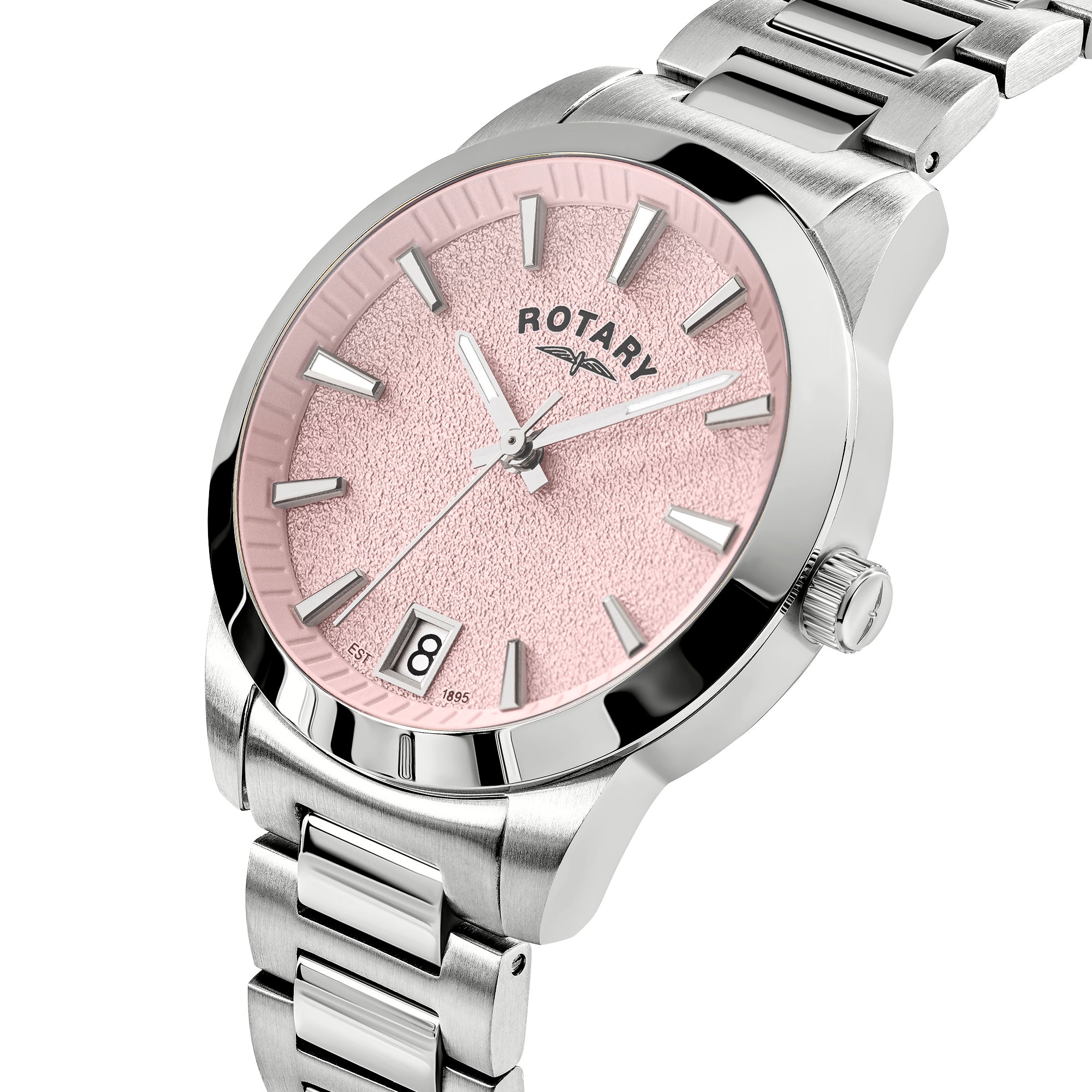 ladies Rotary watch with pink face and silver metal strap on a white background