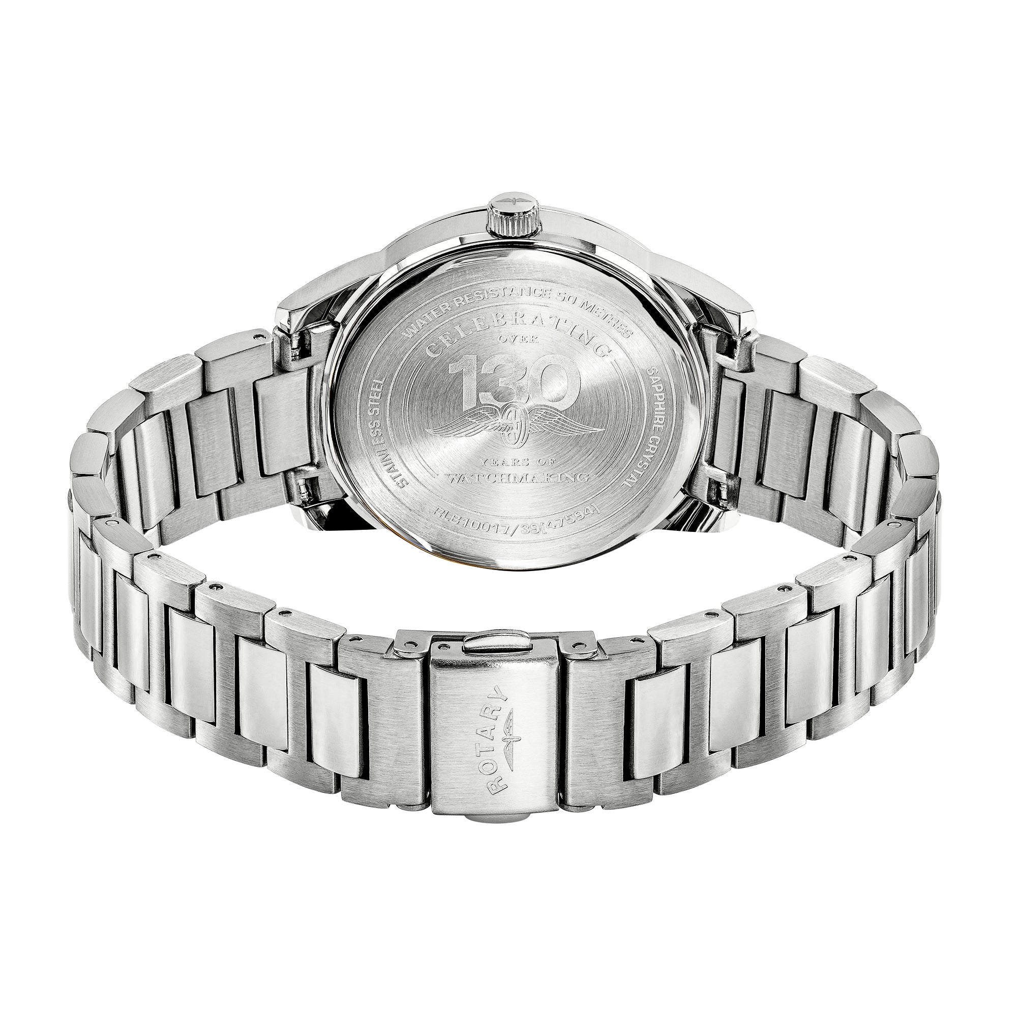 Silver Rotary watch with a detailed face on a white background