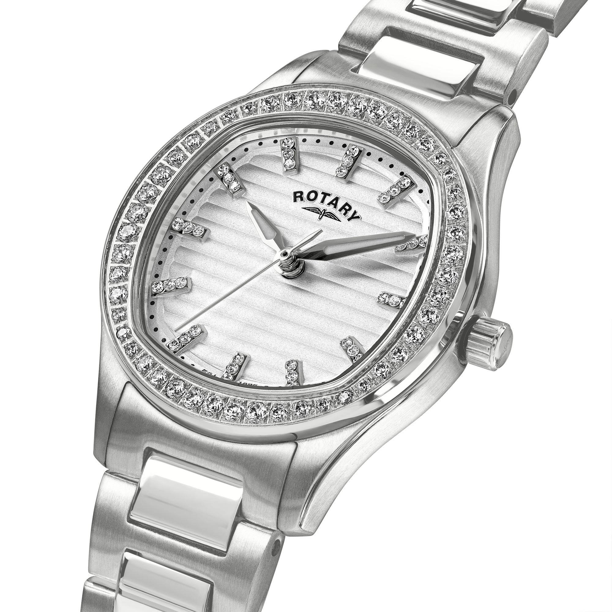 Silver rotary watch with gem-studded bezel on a white background