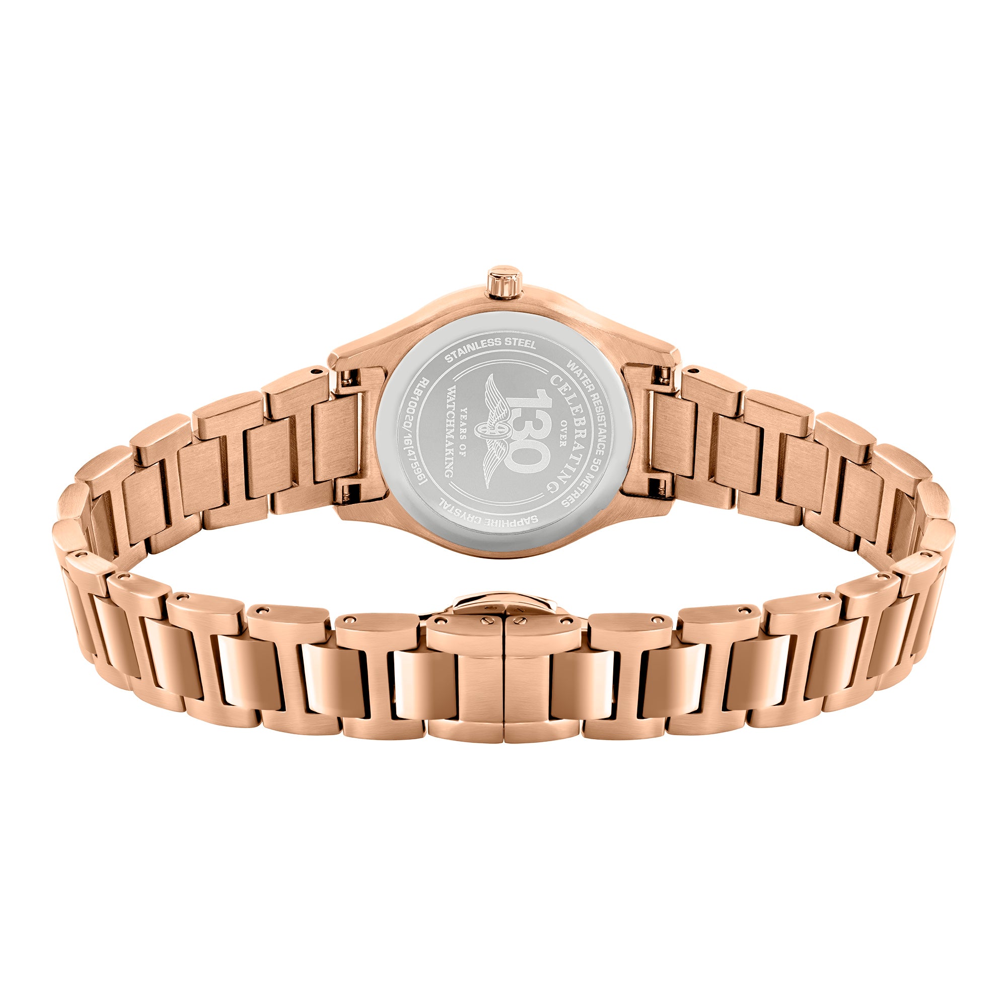 Rose gold rotary watch with a white face on a white background