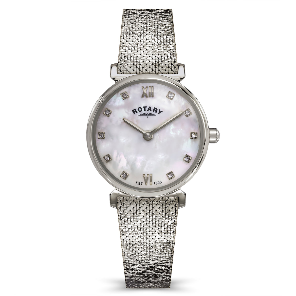 A women's analog watch by Rotary, featuring a silver-tone stainless steel mesh strap, a round silver-tone case, and a white mother-of-pearl dial with diamond hour markers.