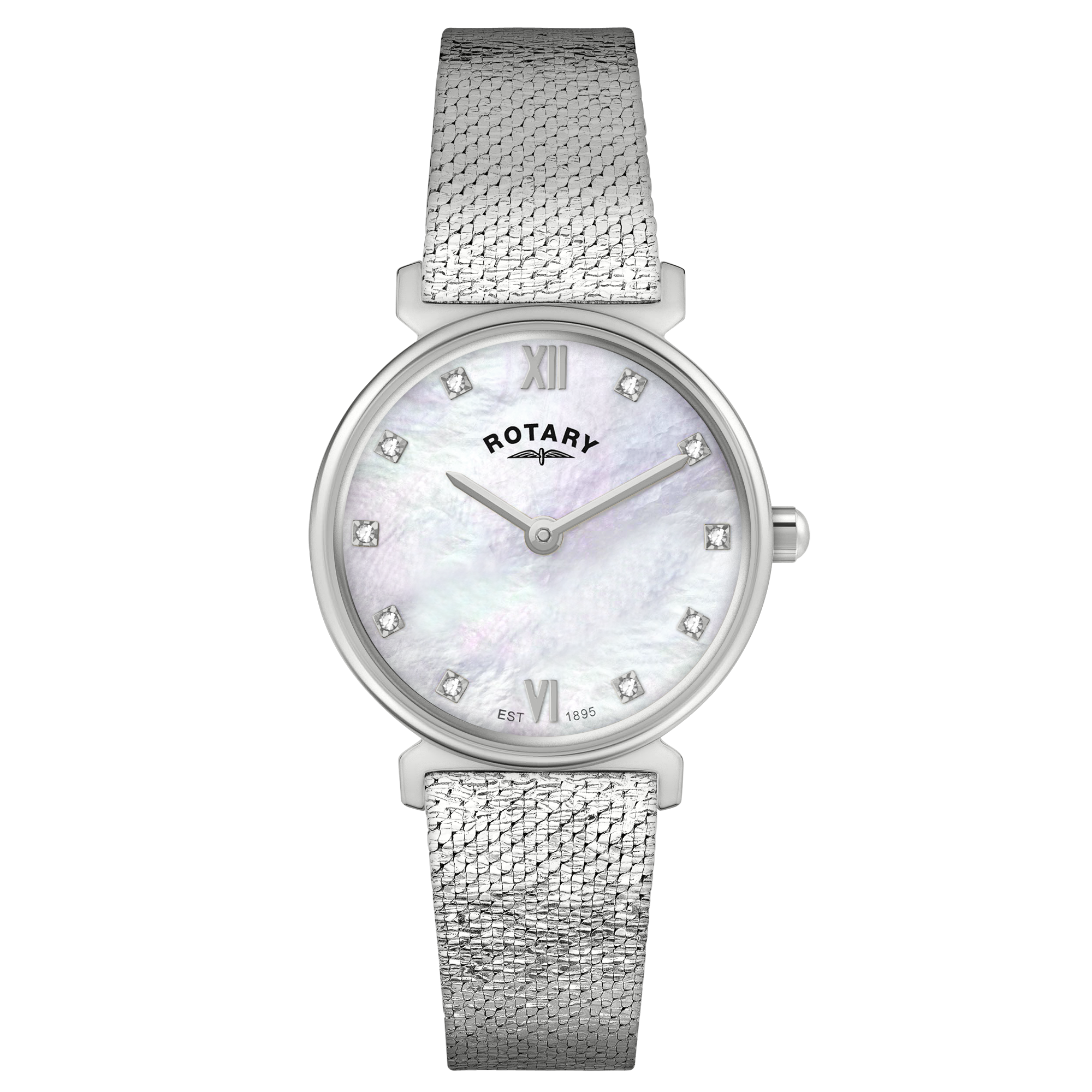 Silver rotary watch with mesh band on a white background