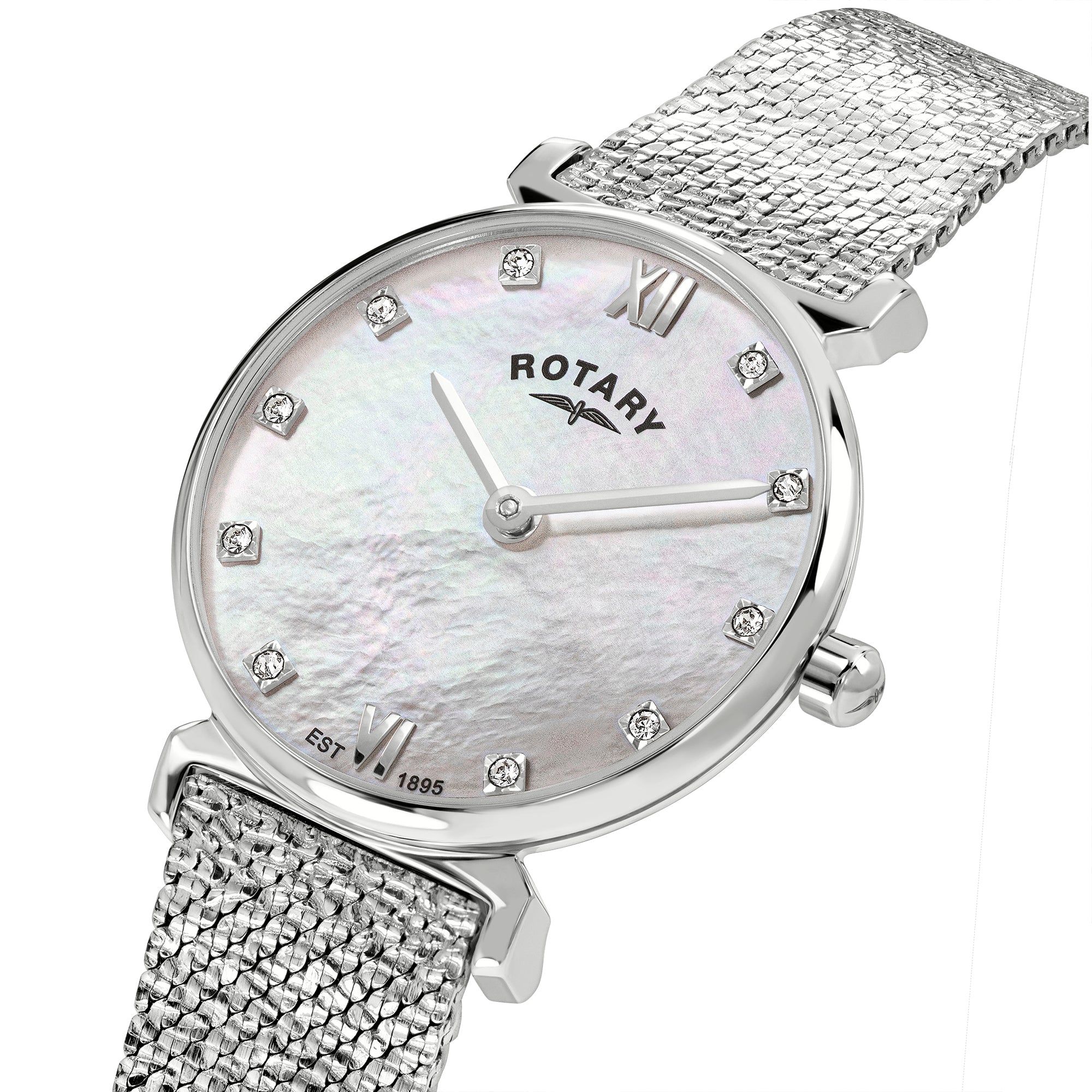 Silver rotary watch with mesh band on a white background