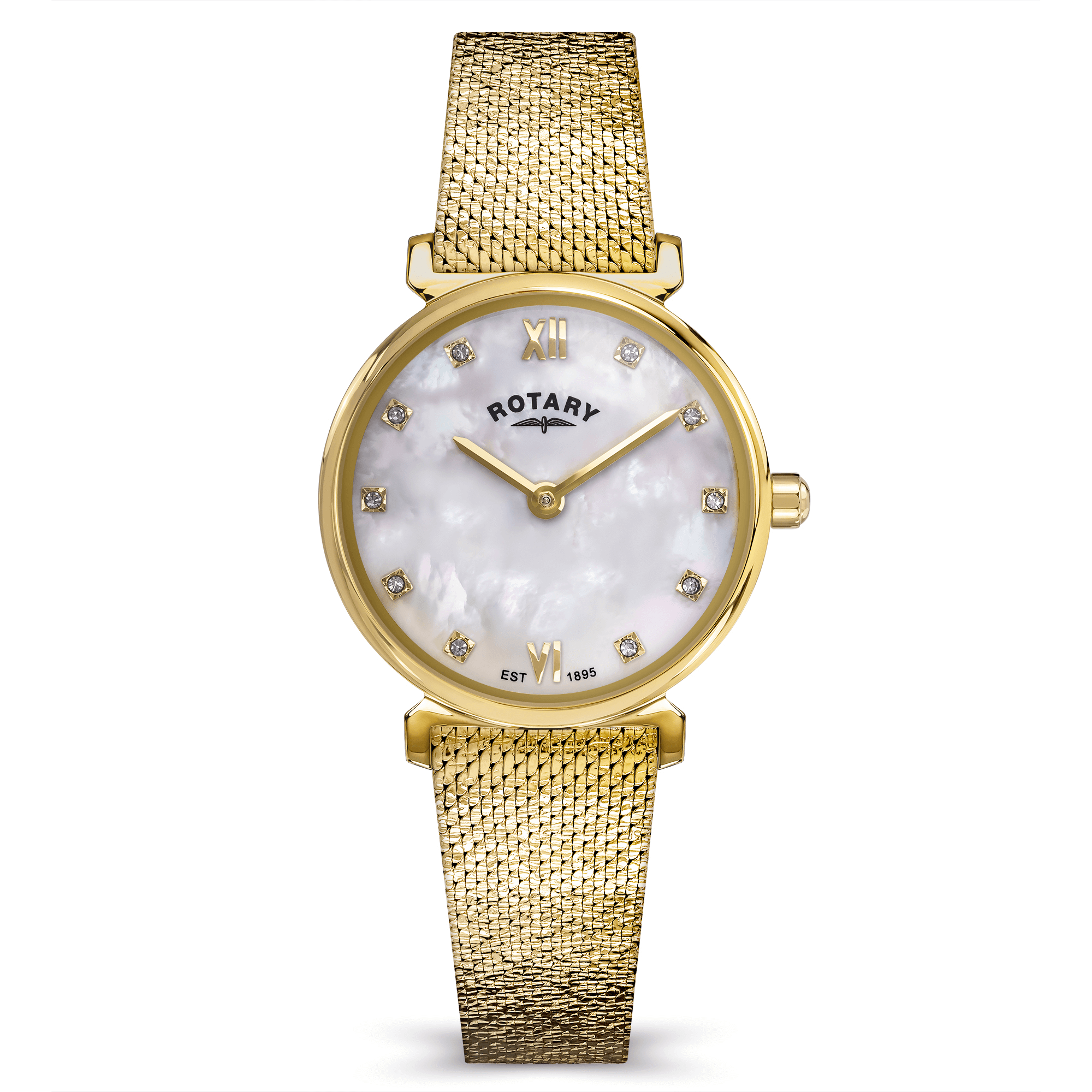 Gold ladies wristwatch with a white face and Rotary logo on a black background