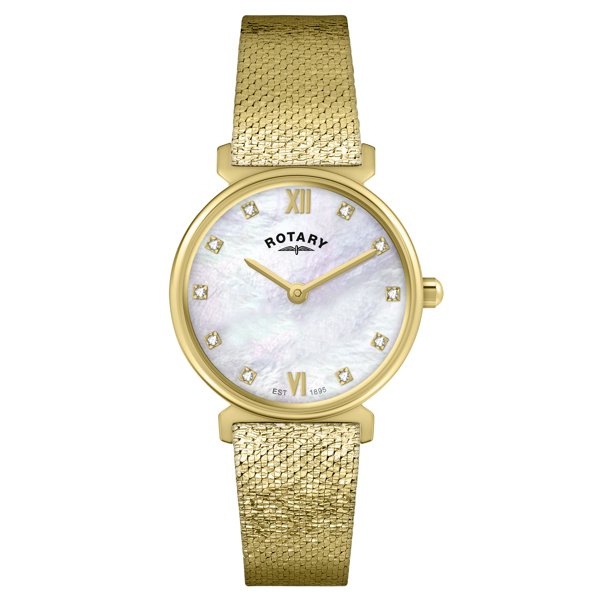 Gold ladies wristwatch with a white face and Rotary logo on a black background