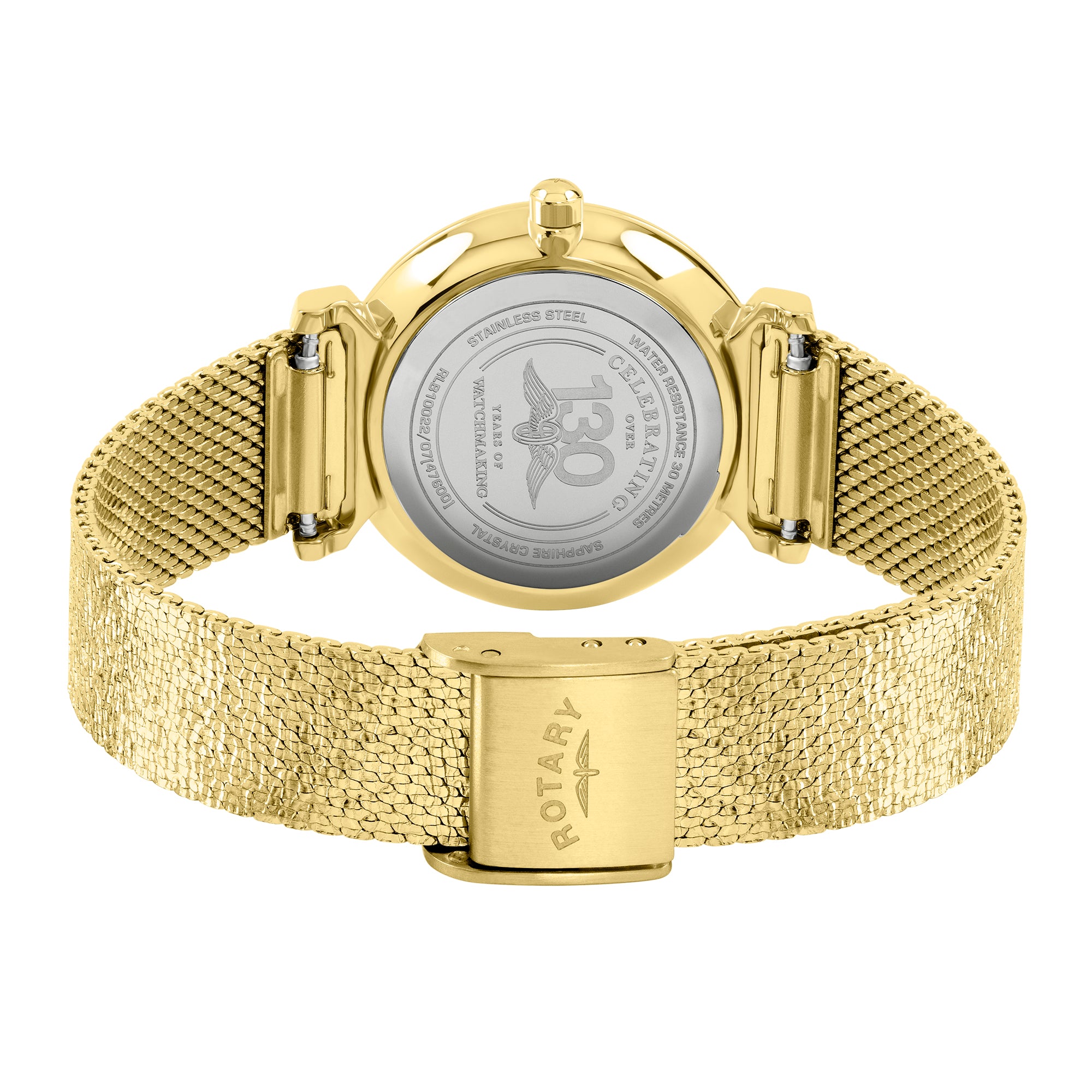 Gold Rotary watch with mesh band on a white background