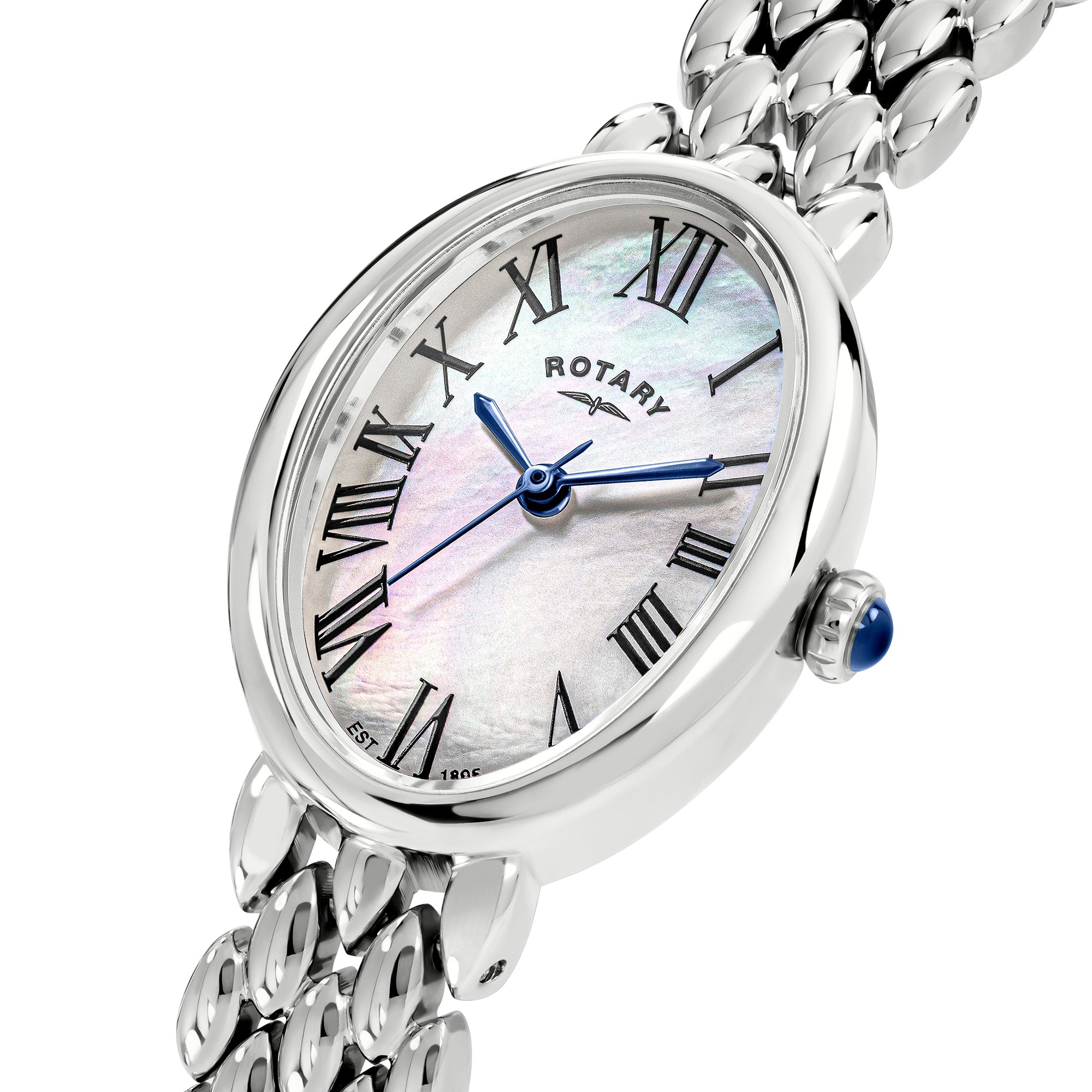 Silver rotary watch with chain bracelet on a white background