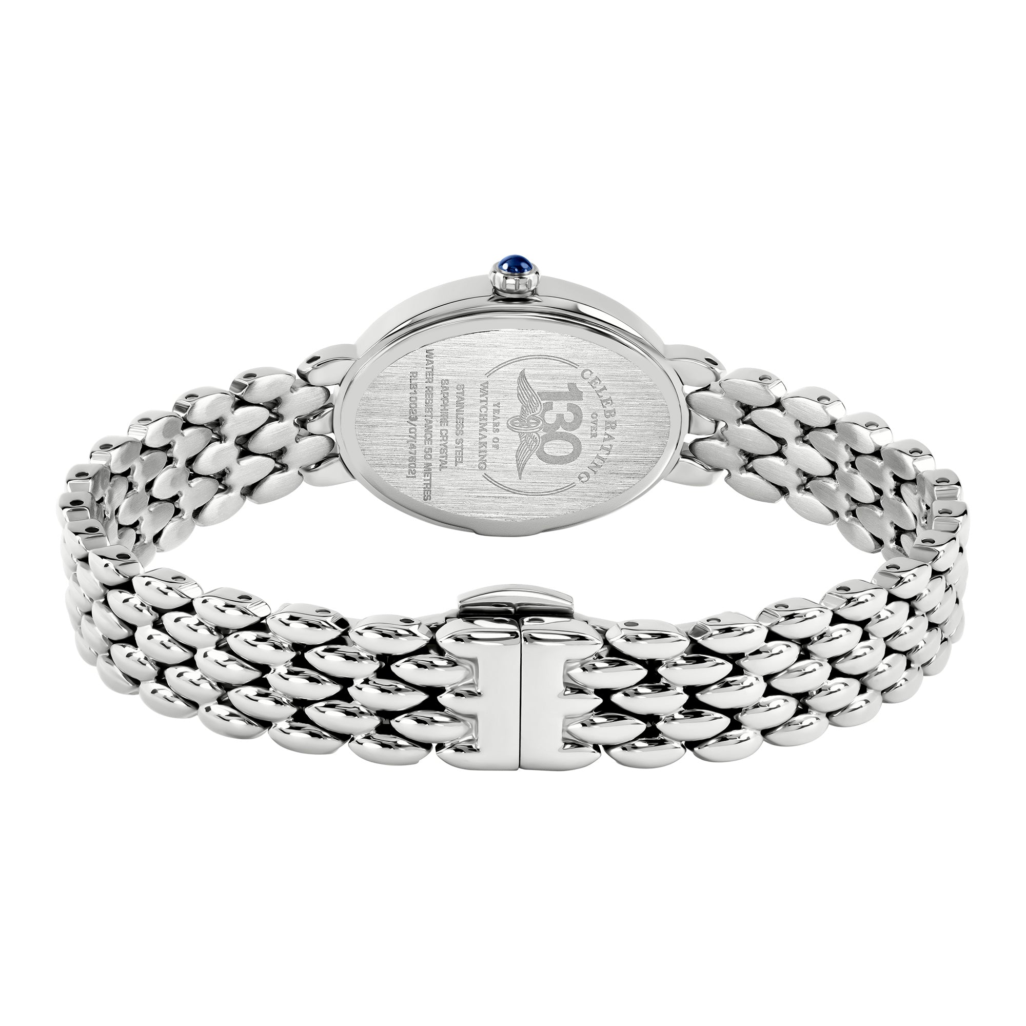 Silver Rotary bracelet watch with a detailed clasp on a white background