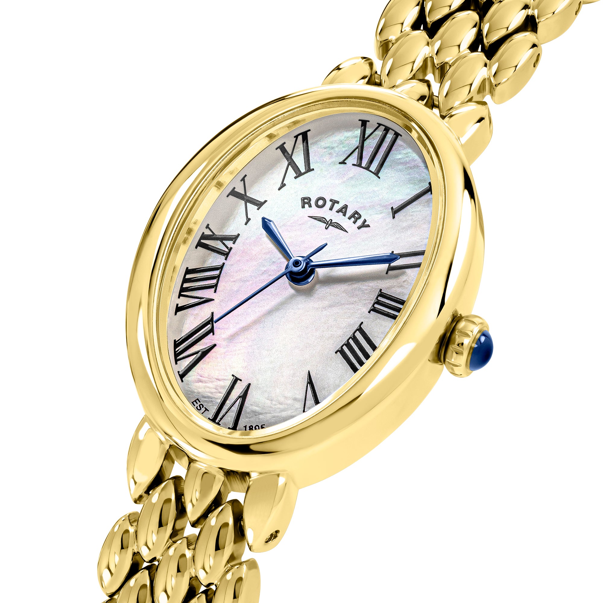 Gold Rotary wristwatch with a mother of pearl face and Roman numerals on a white background