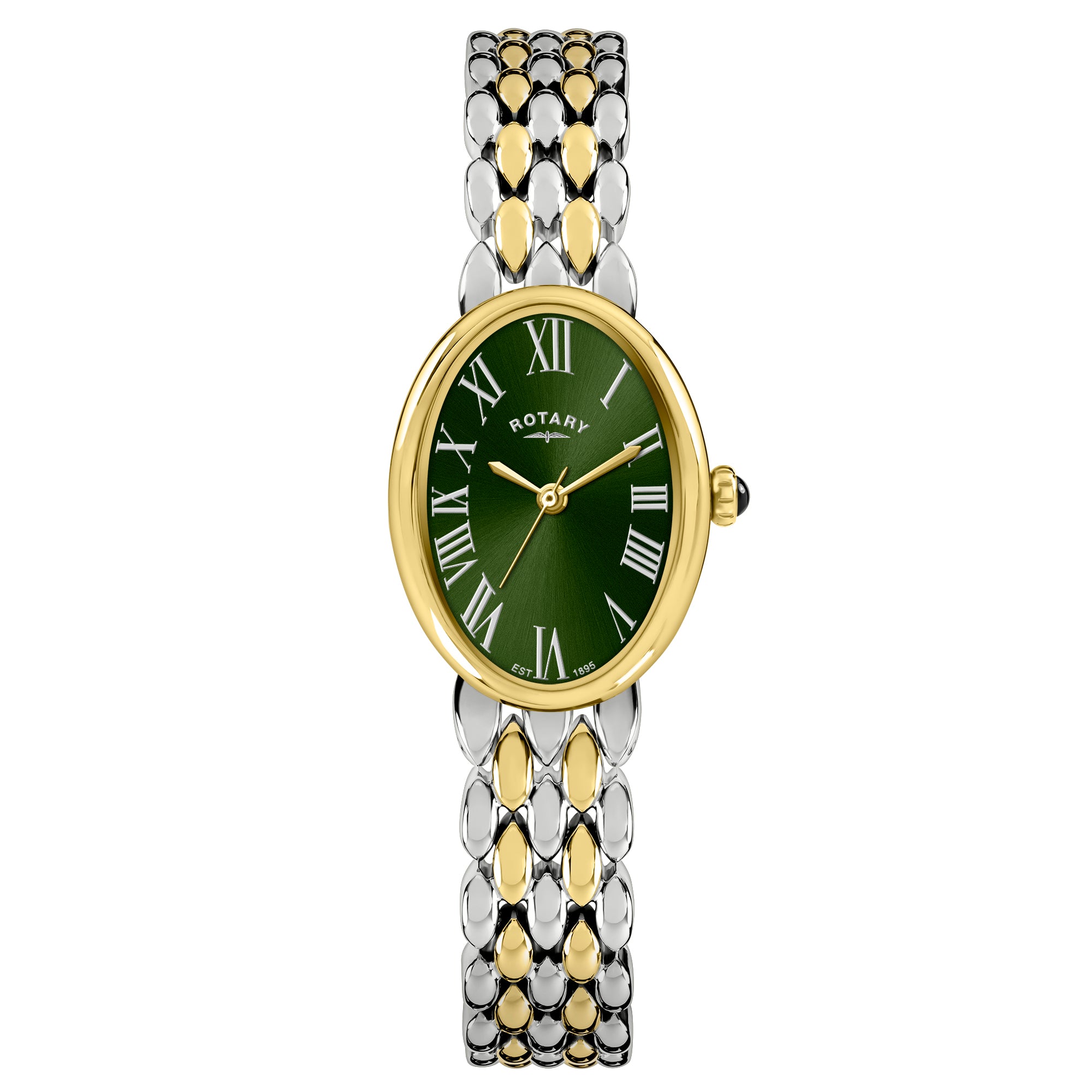 Two-tone watch with green dial and gold accents on a white background