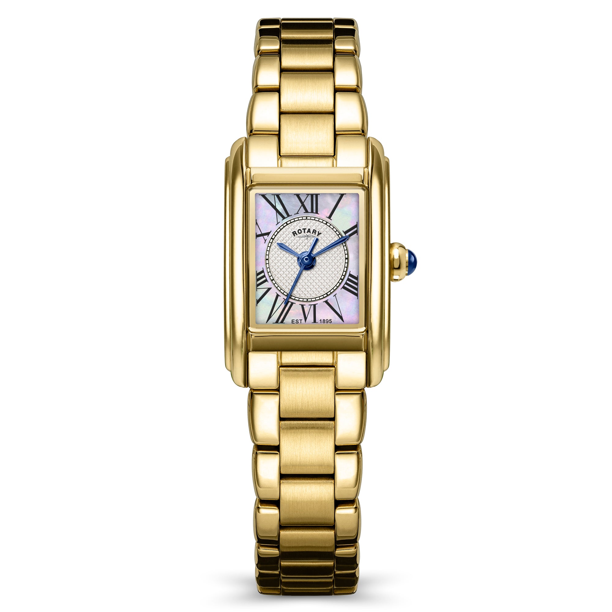 Gold Rotary wristwatch with a white face and blue accents on a white background