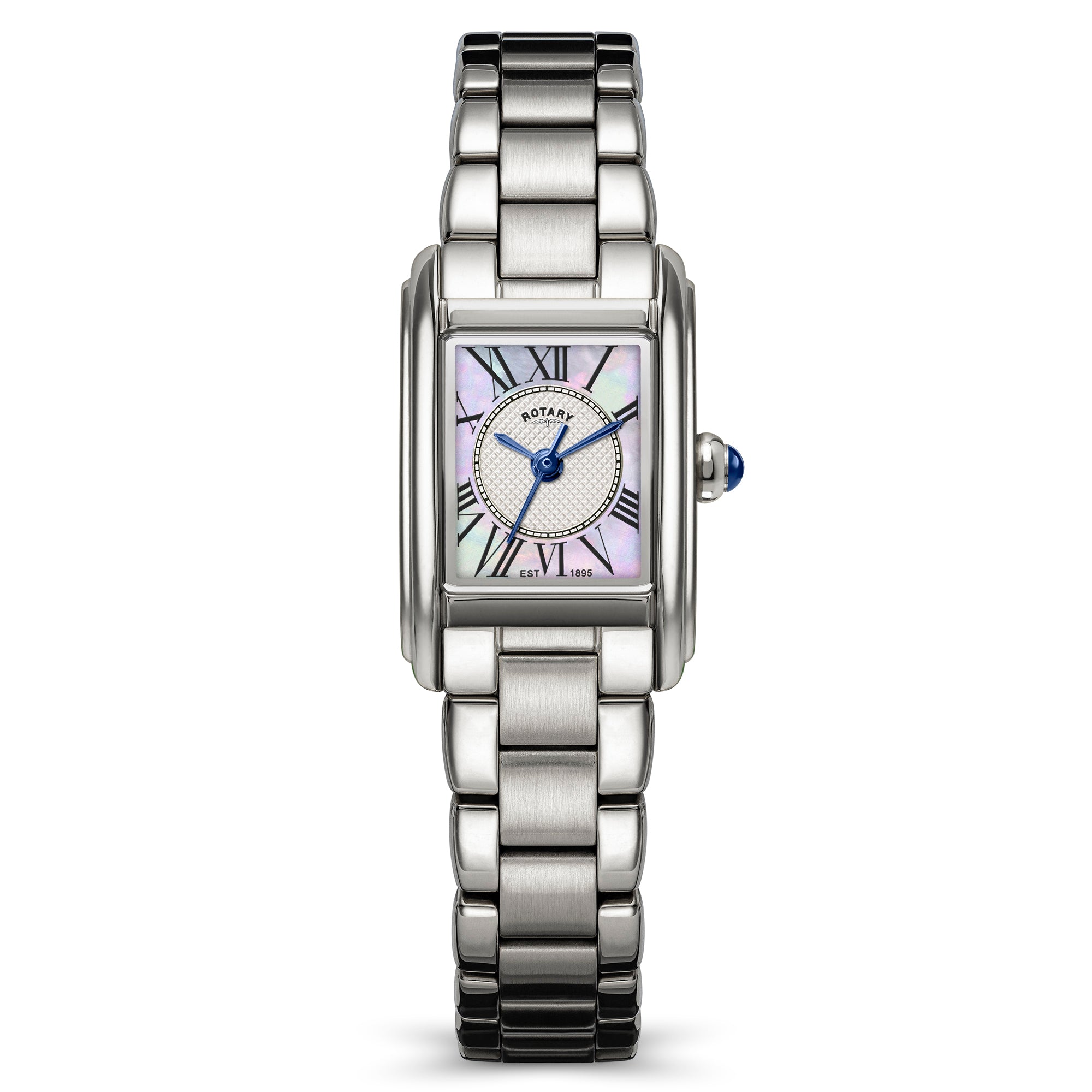 Silver Rotary Heritage Astoria watch with a white face and blue accents on a white background