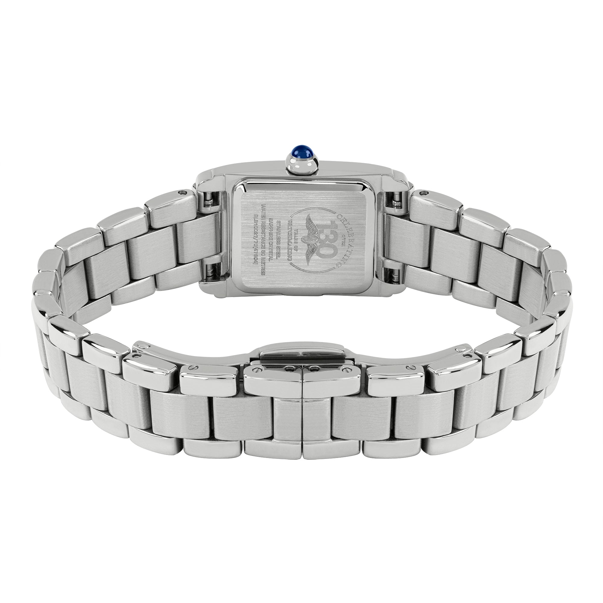 Silver Rotary watch with a blue gemstone on a white background