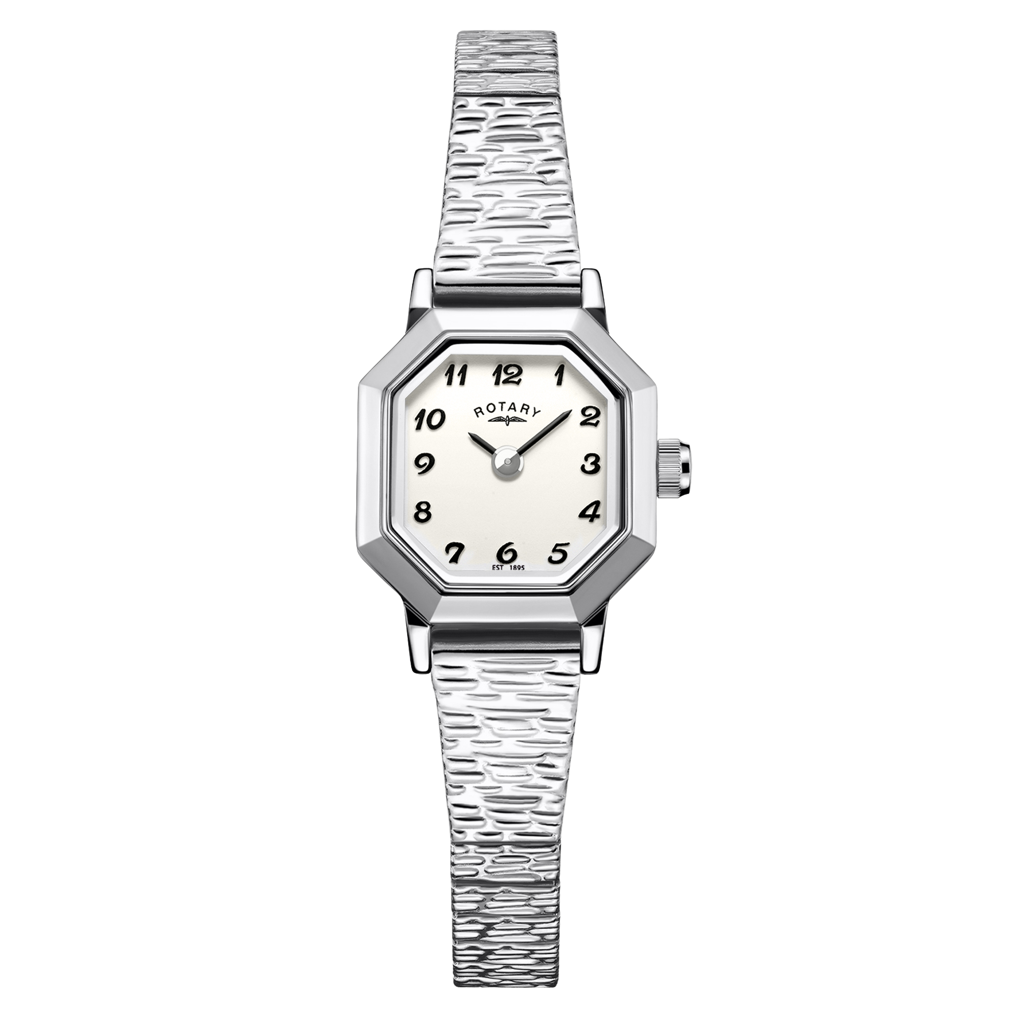 Silver Rotary Heritage Altera watch with a textured band on a white background