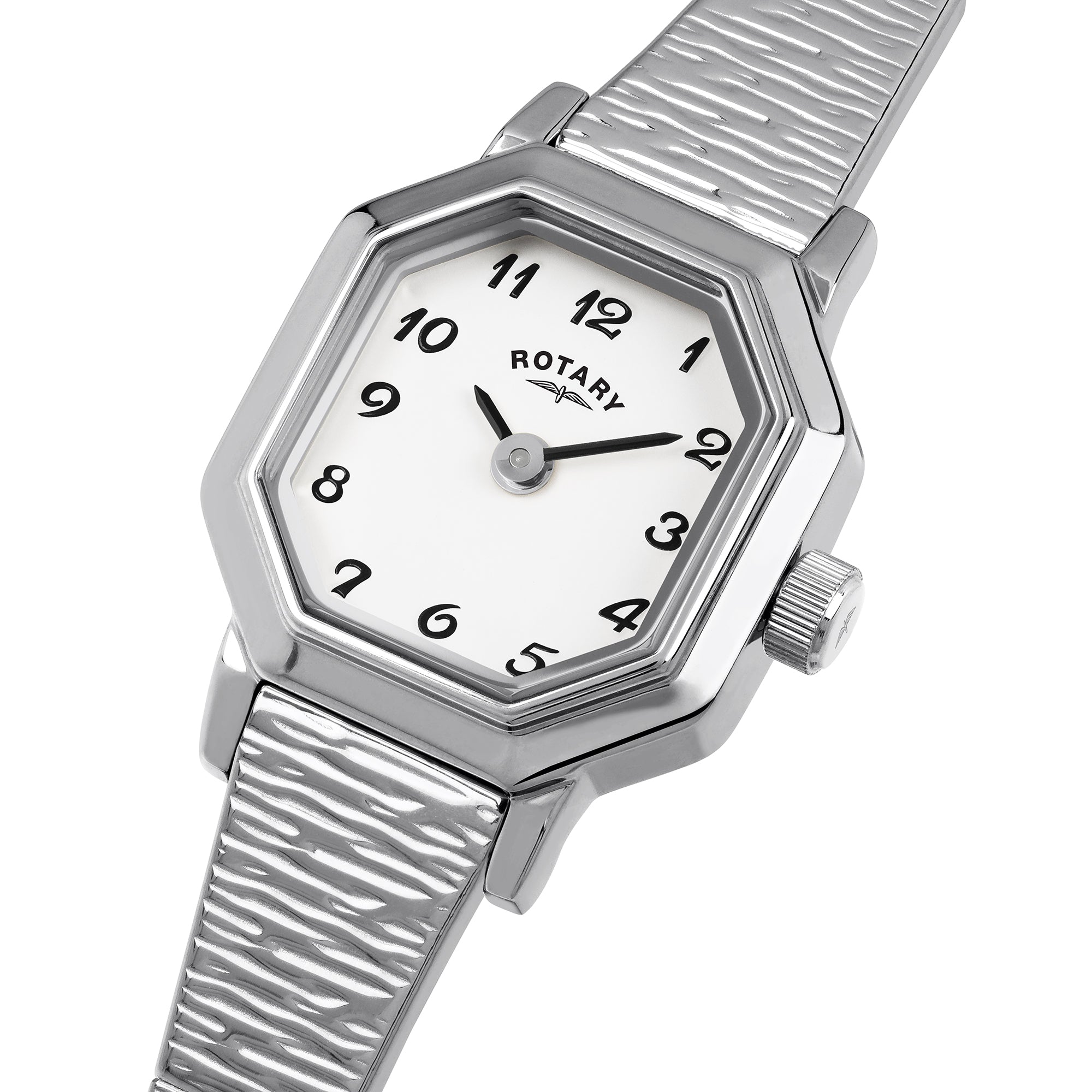Silver Rotary wristwatch with a white face on a white background