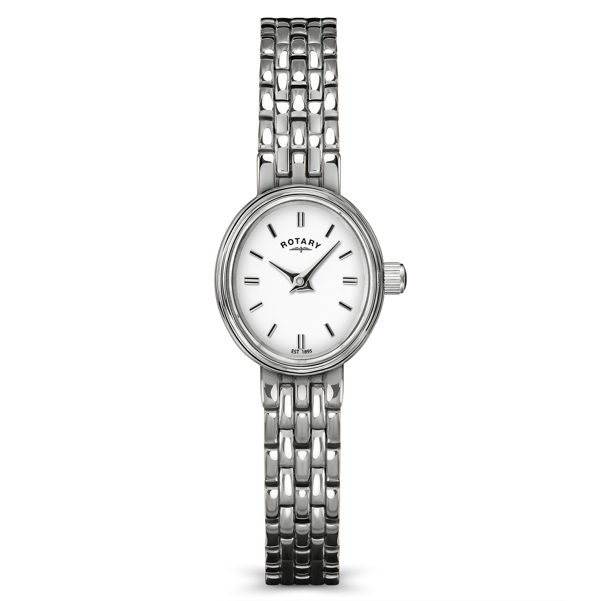 Silver Rotary watch with white face on a white background