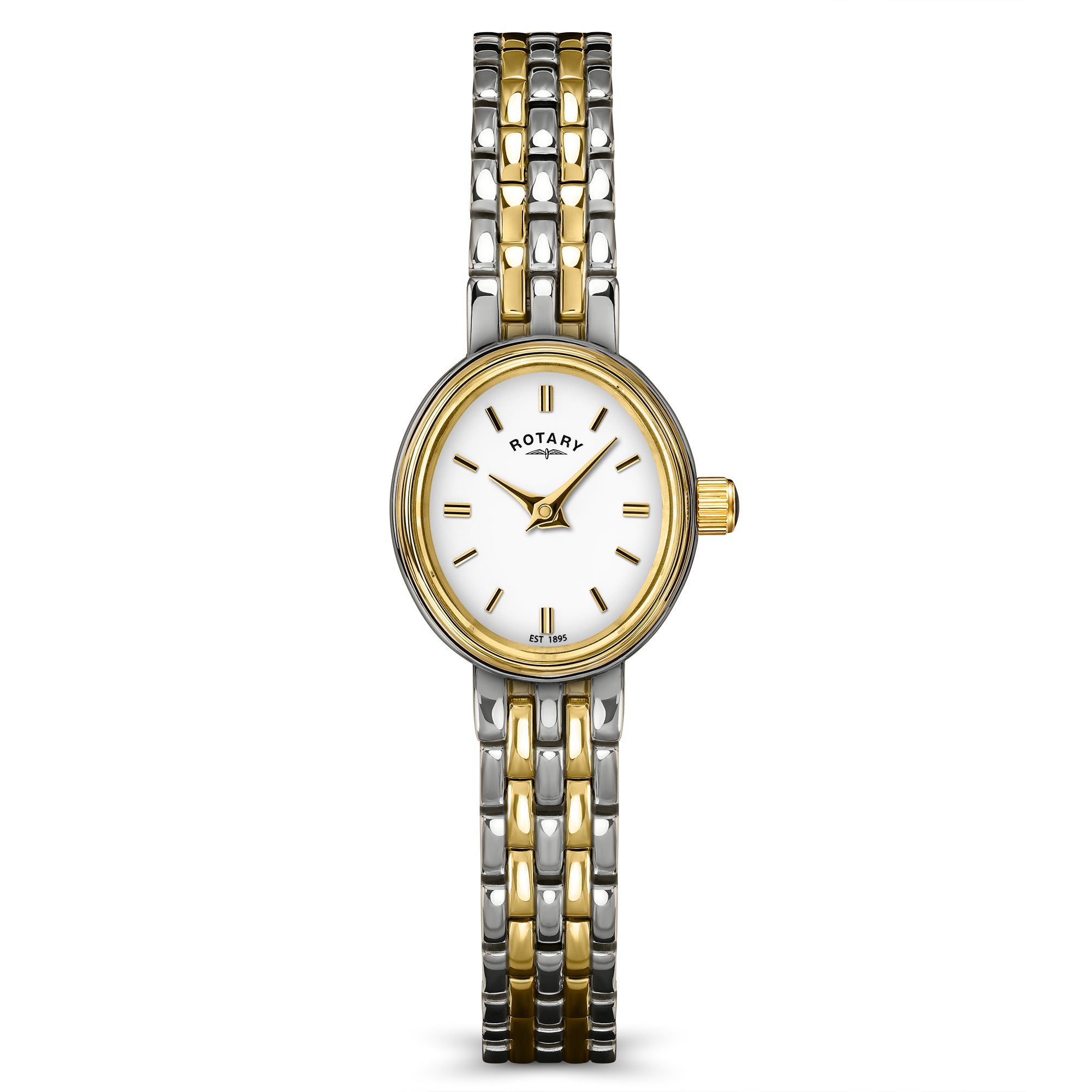 Rotary watch with two-tone metal strap on a white background