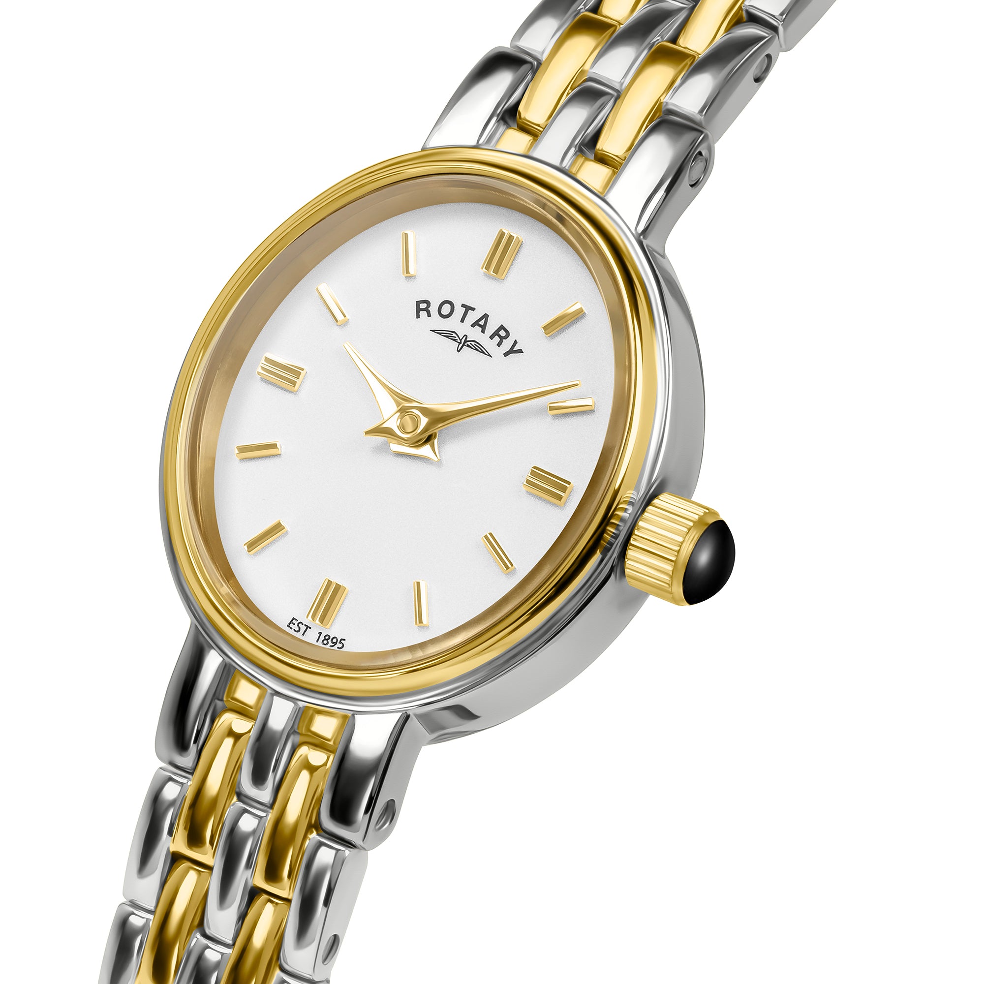 Two-tone rotary watch with white face on a white background