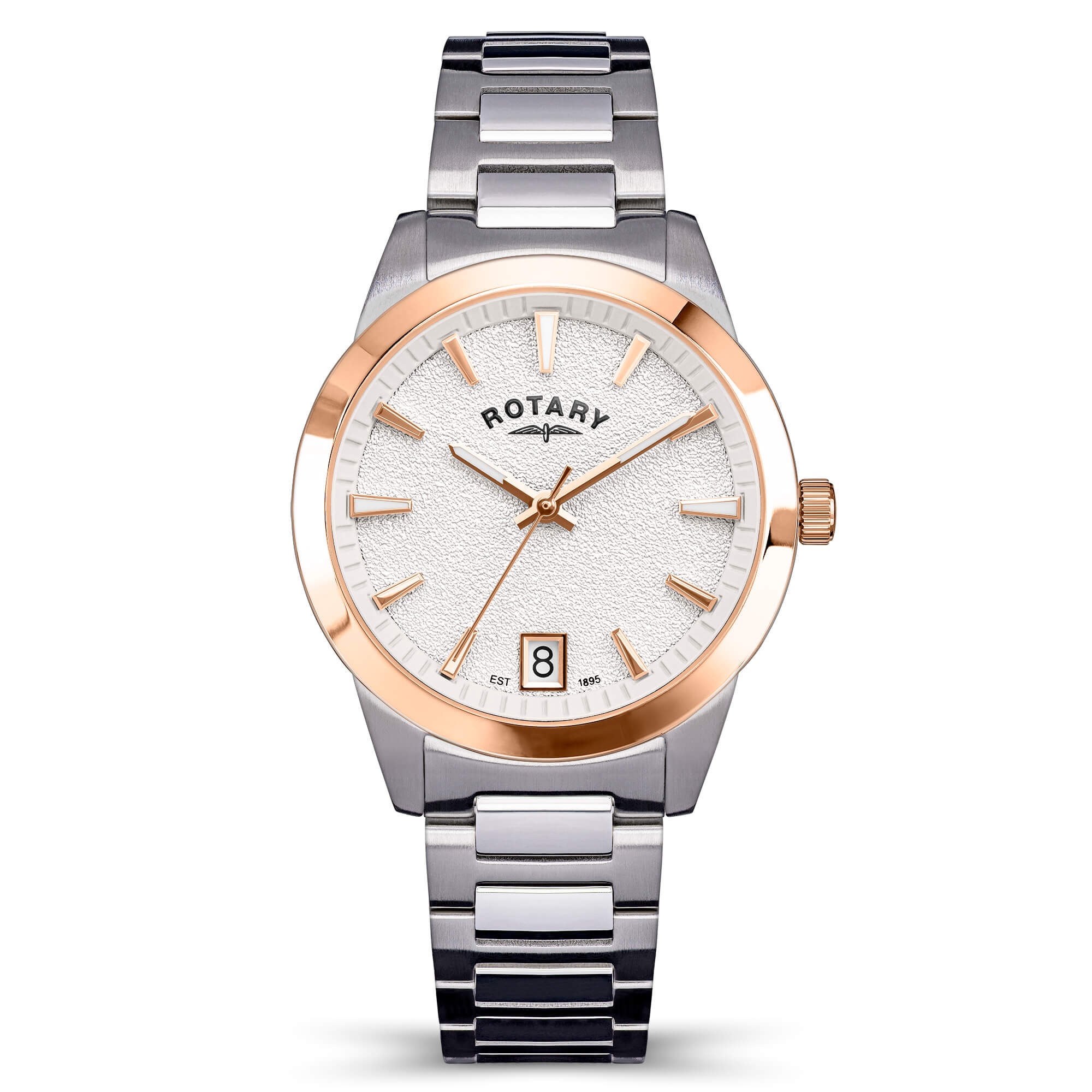Rotary watch with silver and rose gold design on a white background