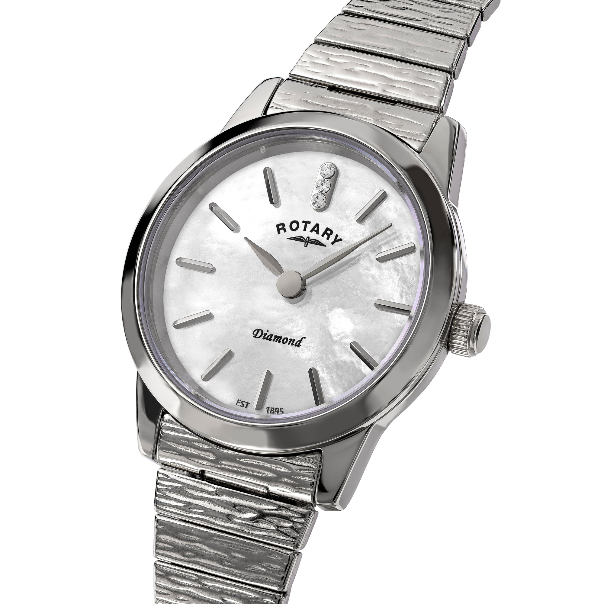 Silver Rotary Heritage Altera Diamond wristwatch with a white face on a white background