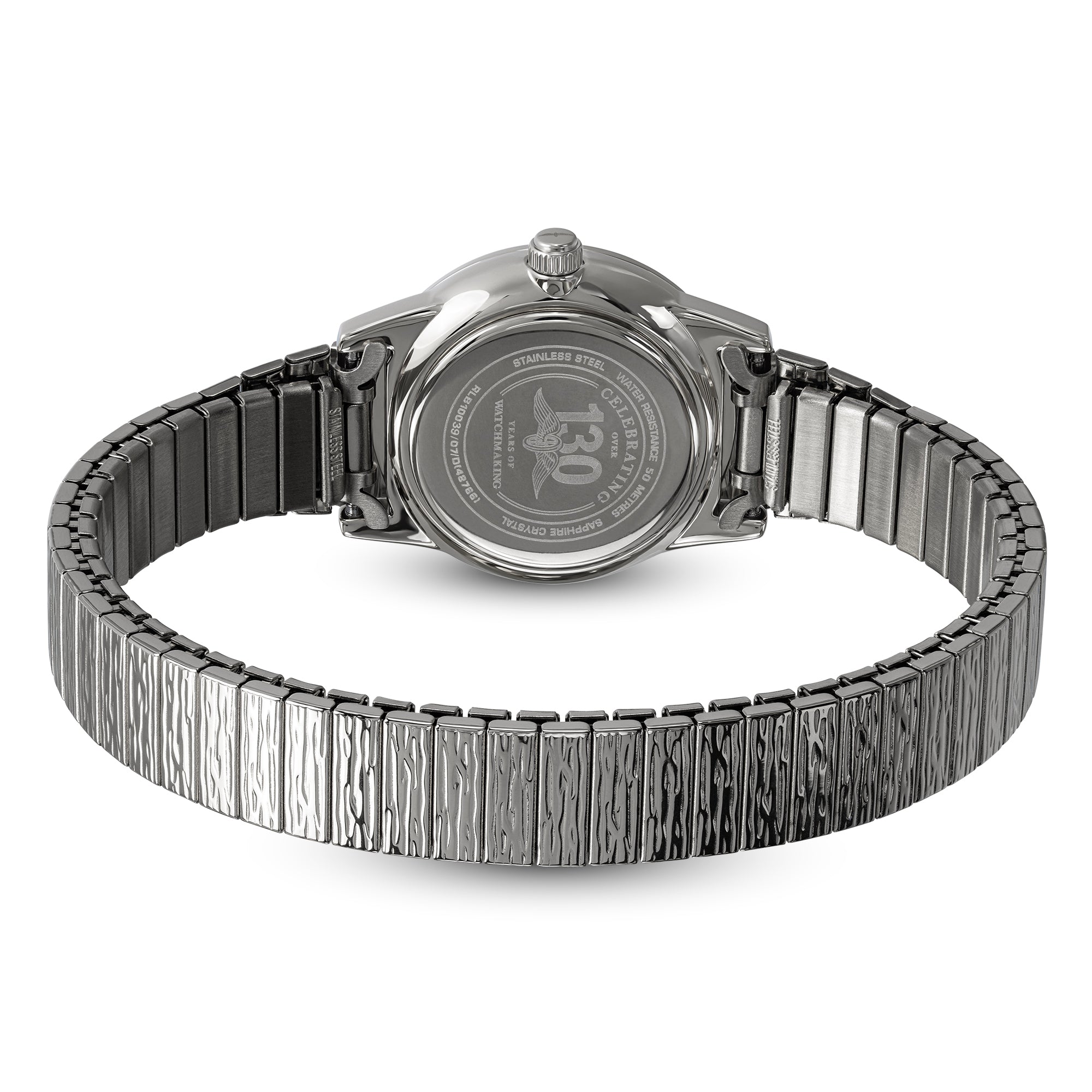 Silver Rotary Heritage Altera Diamond watch with a detailed band on a white background