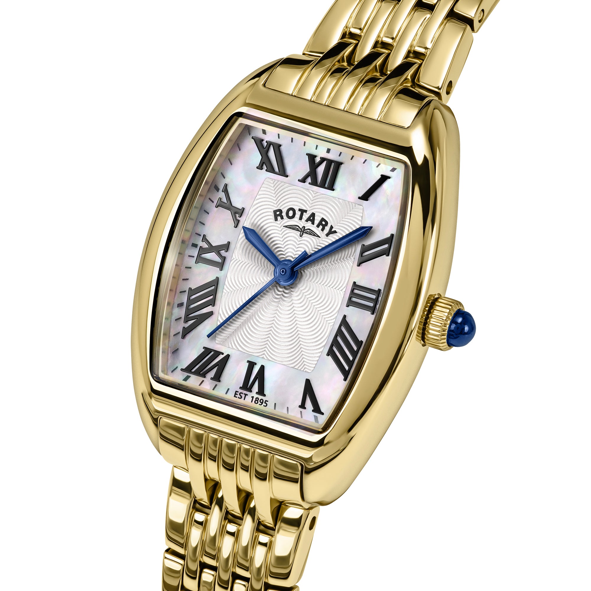 Gold Rotary 1895 Tonneau wristwatch with a white face and blue accents on a white background