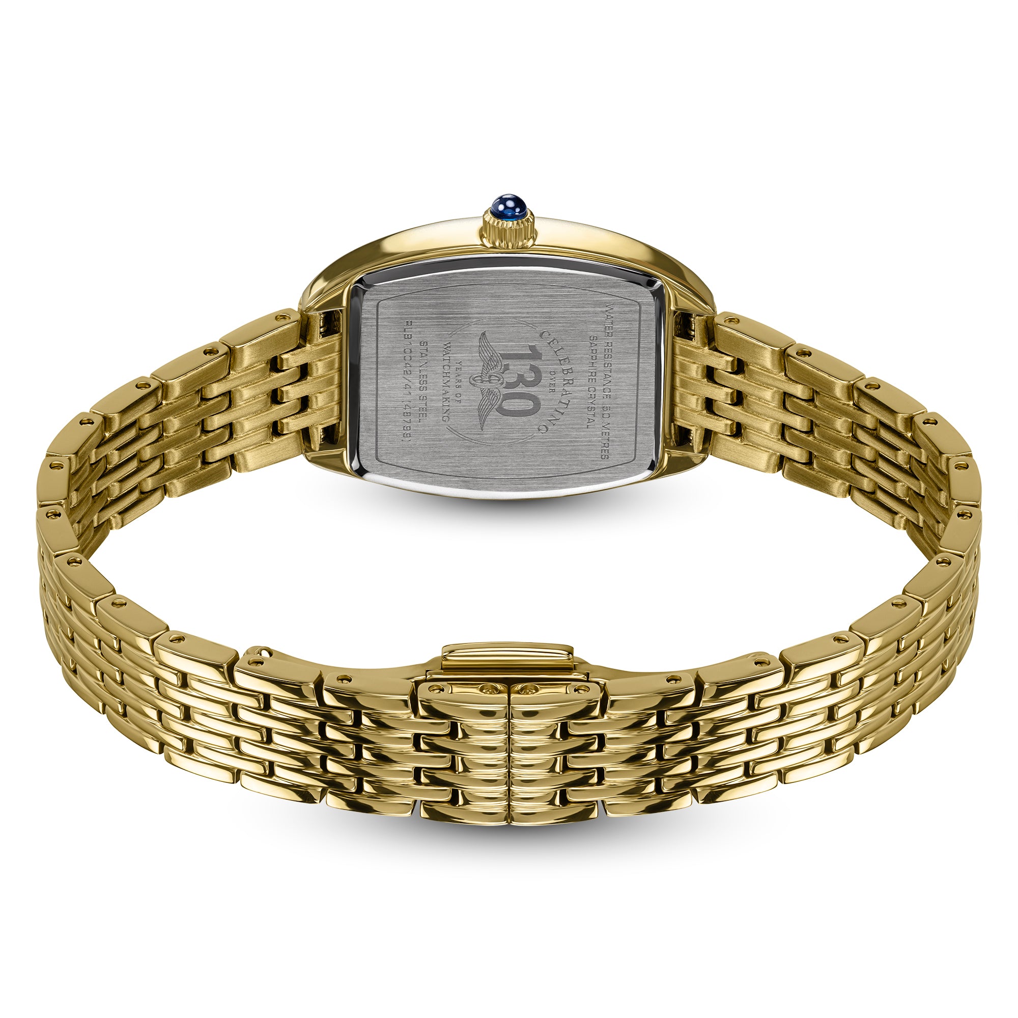 Gold Rotary 1895 Tonneau watch with a white background